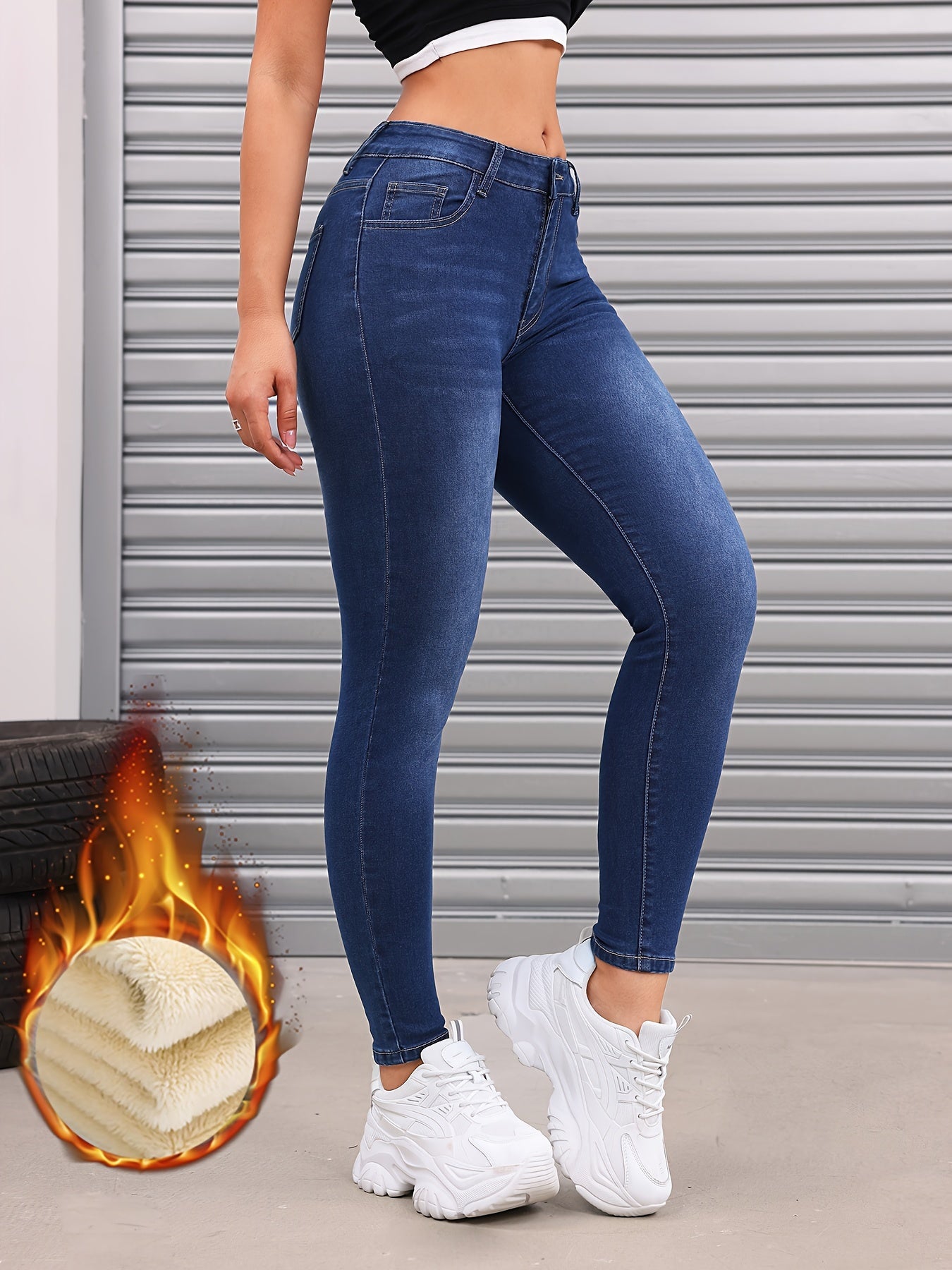 Fleece Liner Washed Skinny Jeans, Mid-Stretch Keep Warm Slim Fit Tight Jeans, Women's Denim Jeans & Clothing