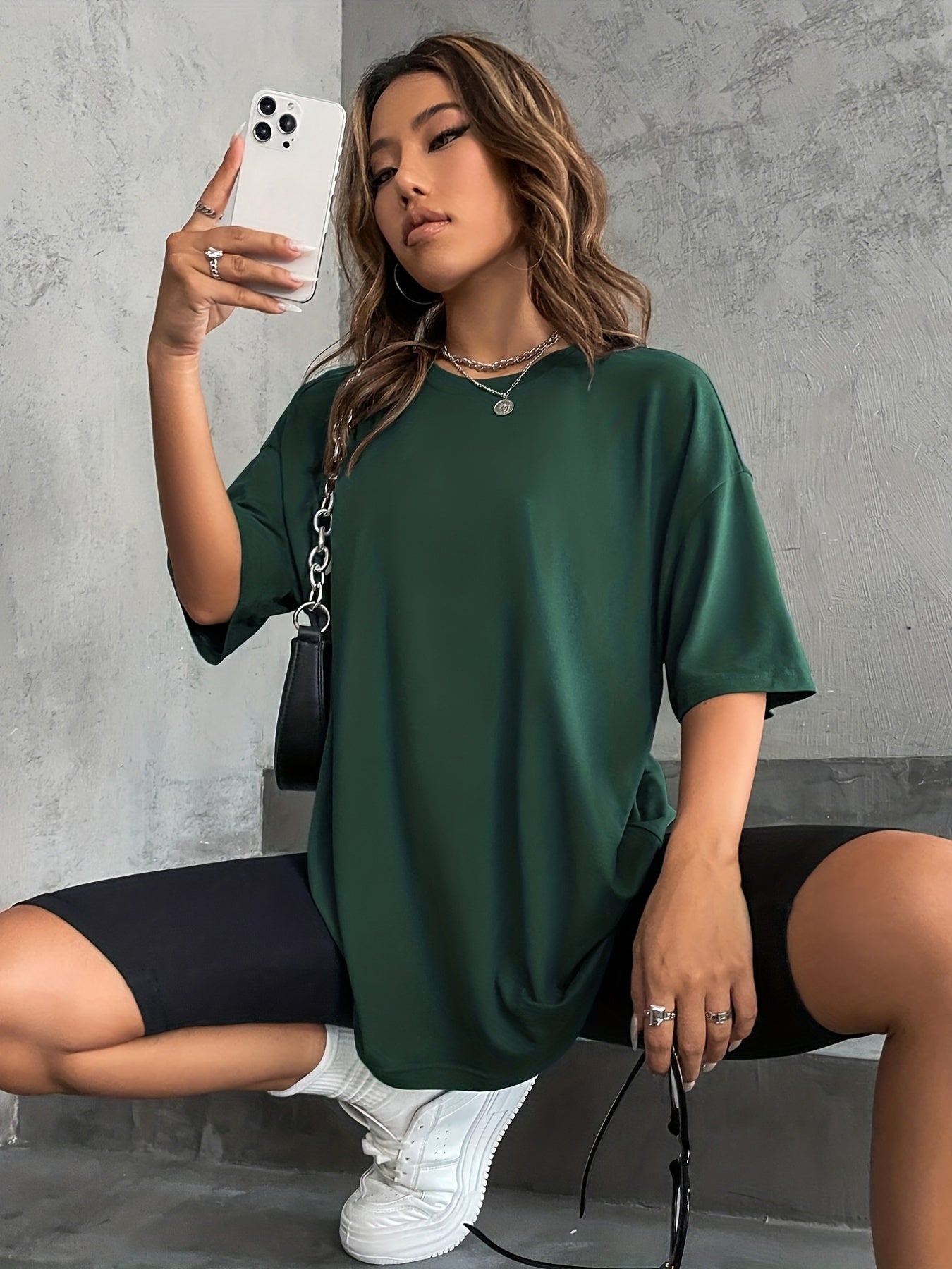 gbolsos Drop Shoulder Solid T-Shirt, Casual Crew Neck Short Sleeve T-Shirt For Spring & Summer, Women's Clothing