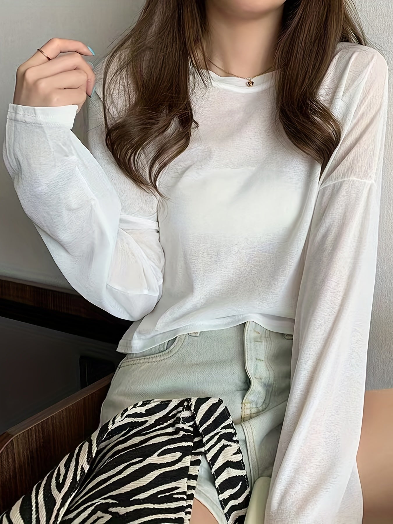 gbolsos Solid Thin Crew Neck T-Shirt, Casual Long Sleeve Top For Spring & Summer, Women's Clothing