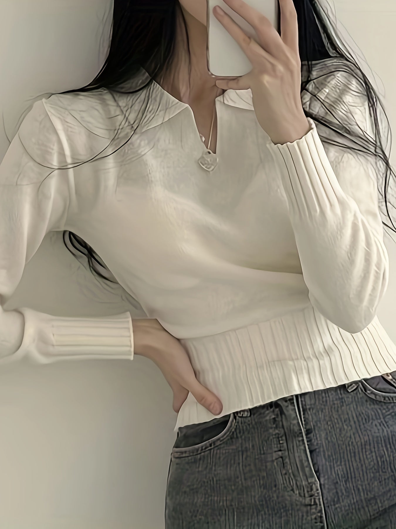 gbolsos Solid Notched Collar Pullover Sweater, Casual Long Sleeve Crop Sweater For Spring & Fall, Women's Clothing