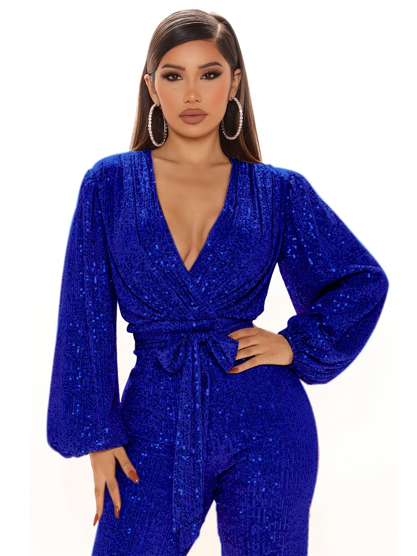 gbolsos Solid Sequin Deep V Neck Jumpsuit, Elegant Long Sleeve Tie Waist Long Length Jumpsuit, Women's Clothing