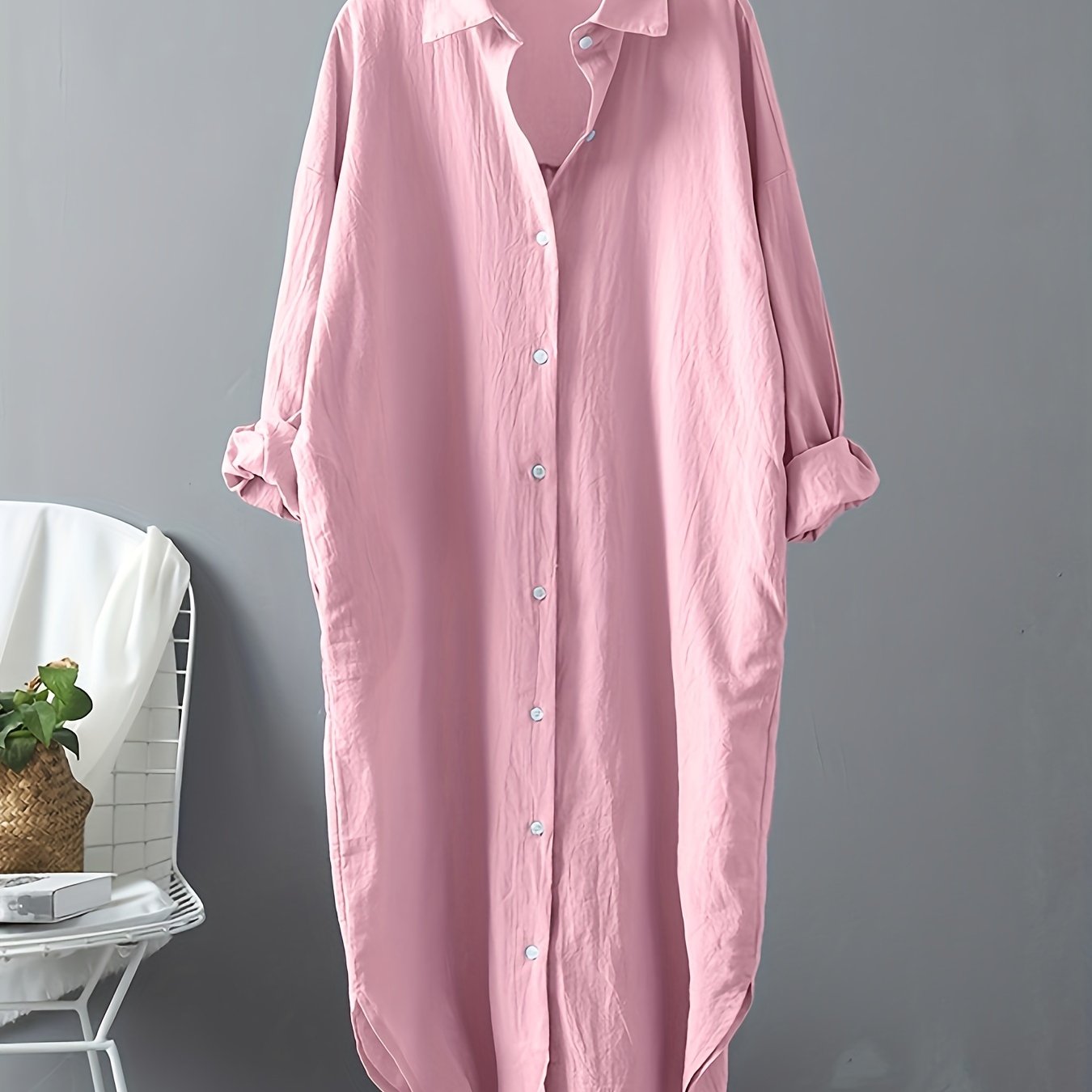 Loose Long Sleeve Solid Lapel Shirt, Casual Medium Longline Button Shirt, Women's Clothing