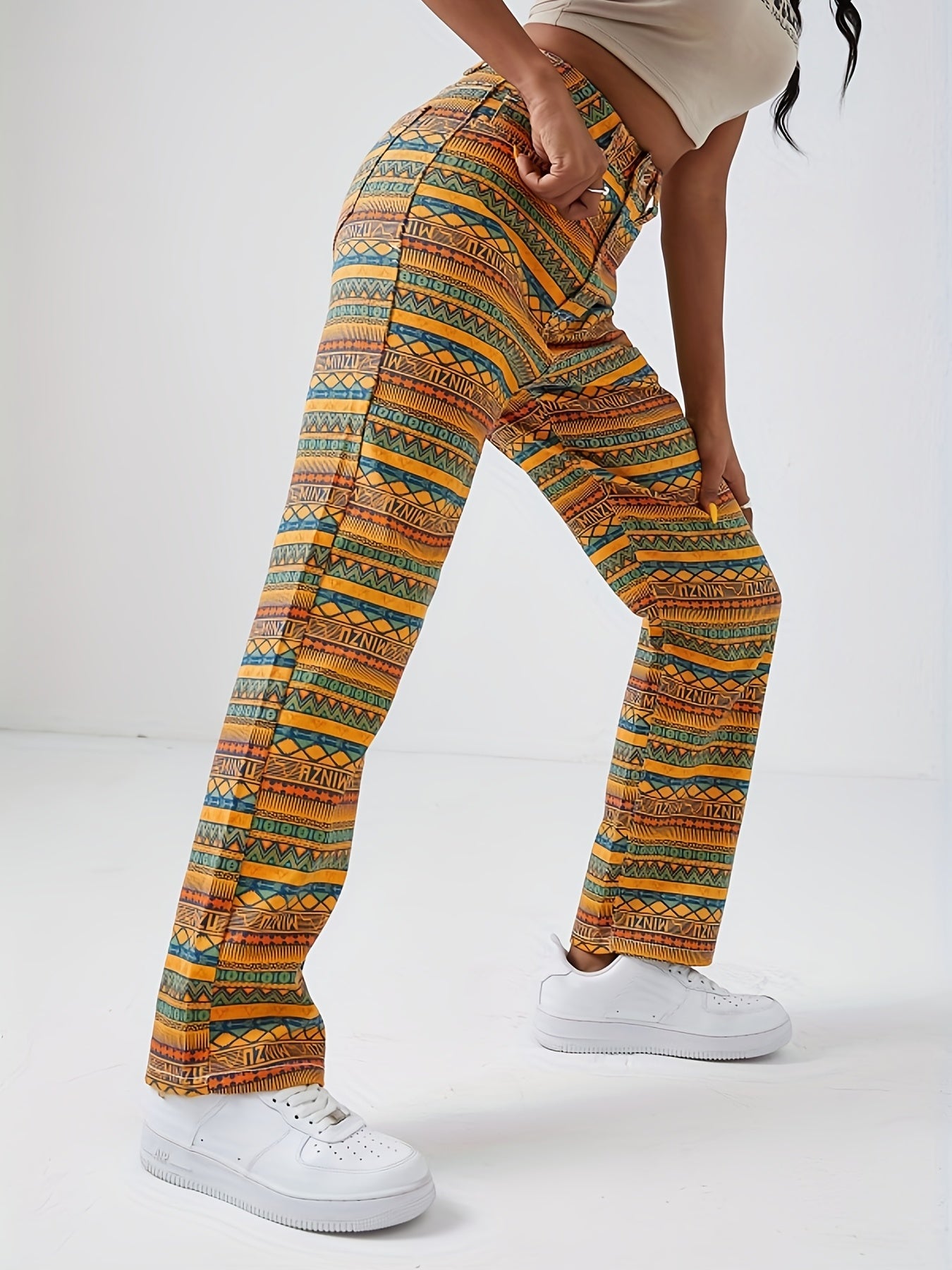 gbolsos Geometric Striped Print Straight Jeans, Loose Fit Non-Stretch Street Style Denim Pants, Women's Denim Jeans & Clothing
