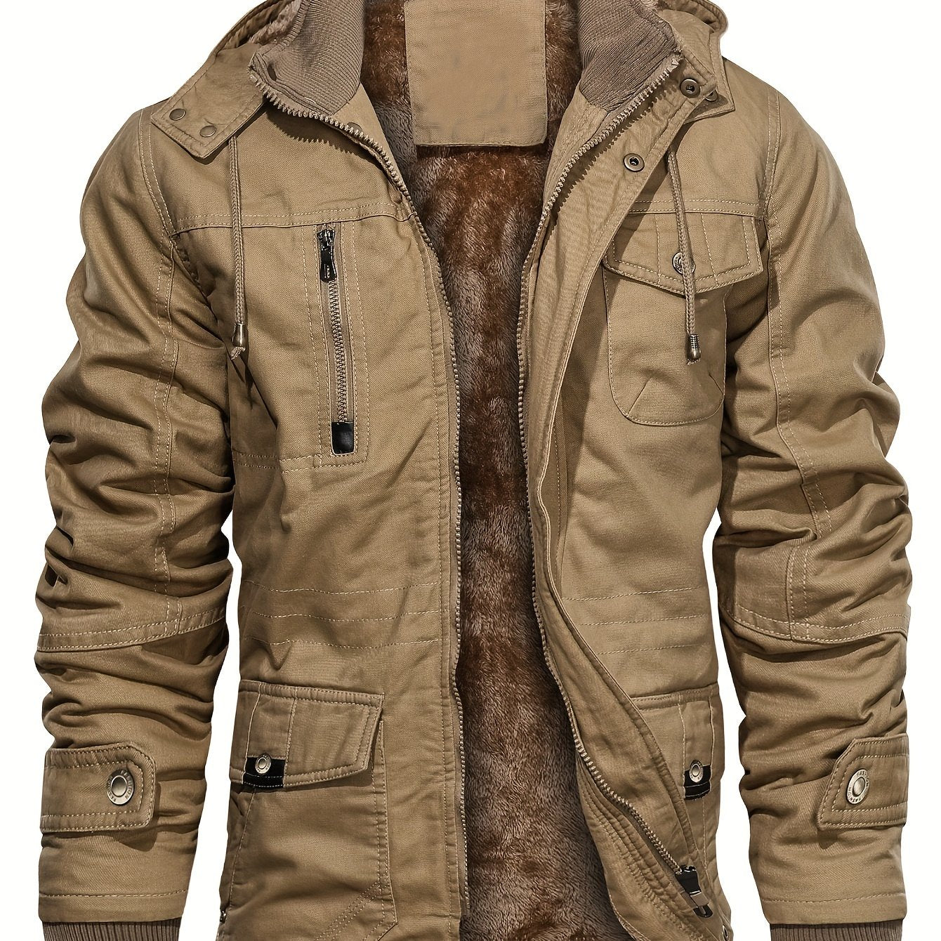 gbolsos Men's Winter Cargo Jackets Casual Thicken Multi-Pocket Outwear Fleece Lined Military Warm Coat Removable Hood