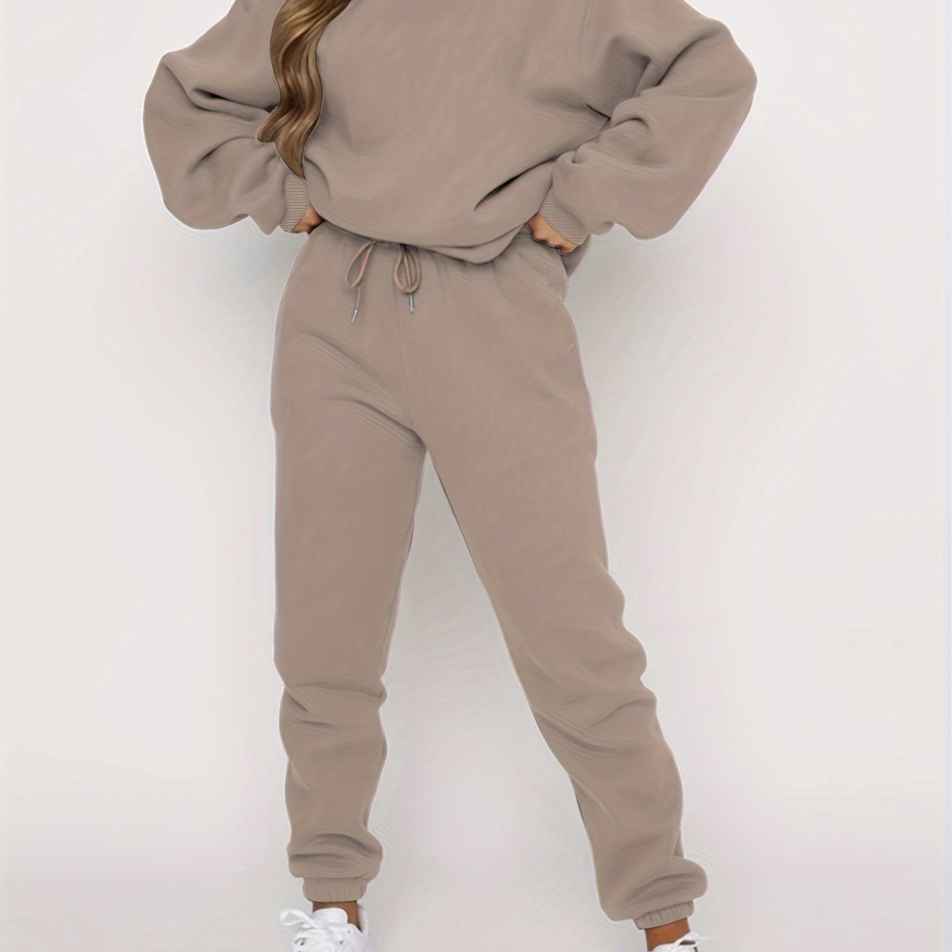 gbolsos Solid Casual Two-piece Set, Crew Neck Long Sleeve Tops & Drawstring Jogger Pants Oufits, Women's Clothing
