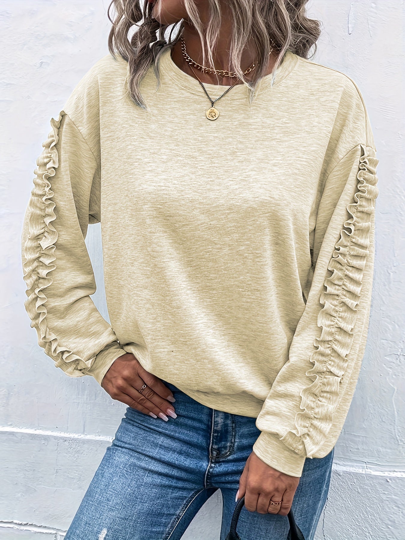 gbolsos Solid Crew Neck Pleated Sweatshirt, Casual Long Sleeve Sweatshirt, Women's Clothing