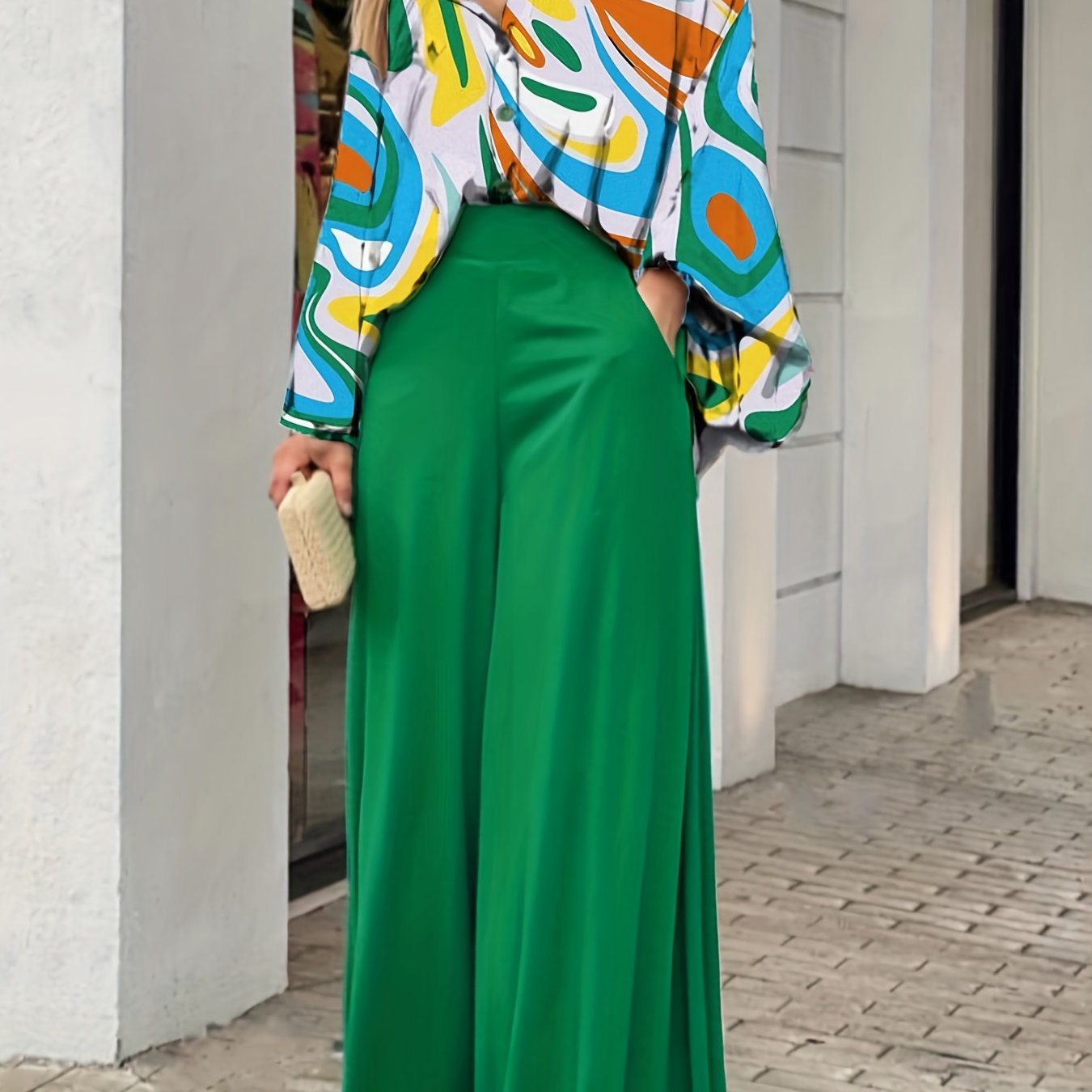 gbolsos Batwing Sleeve Tie Dye Blouse & High Waist Solid Pantsuits