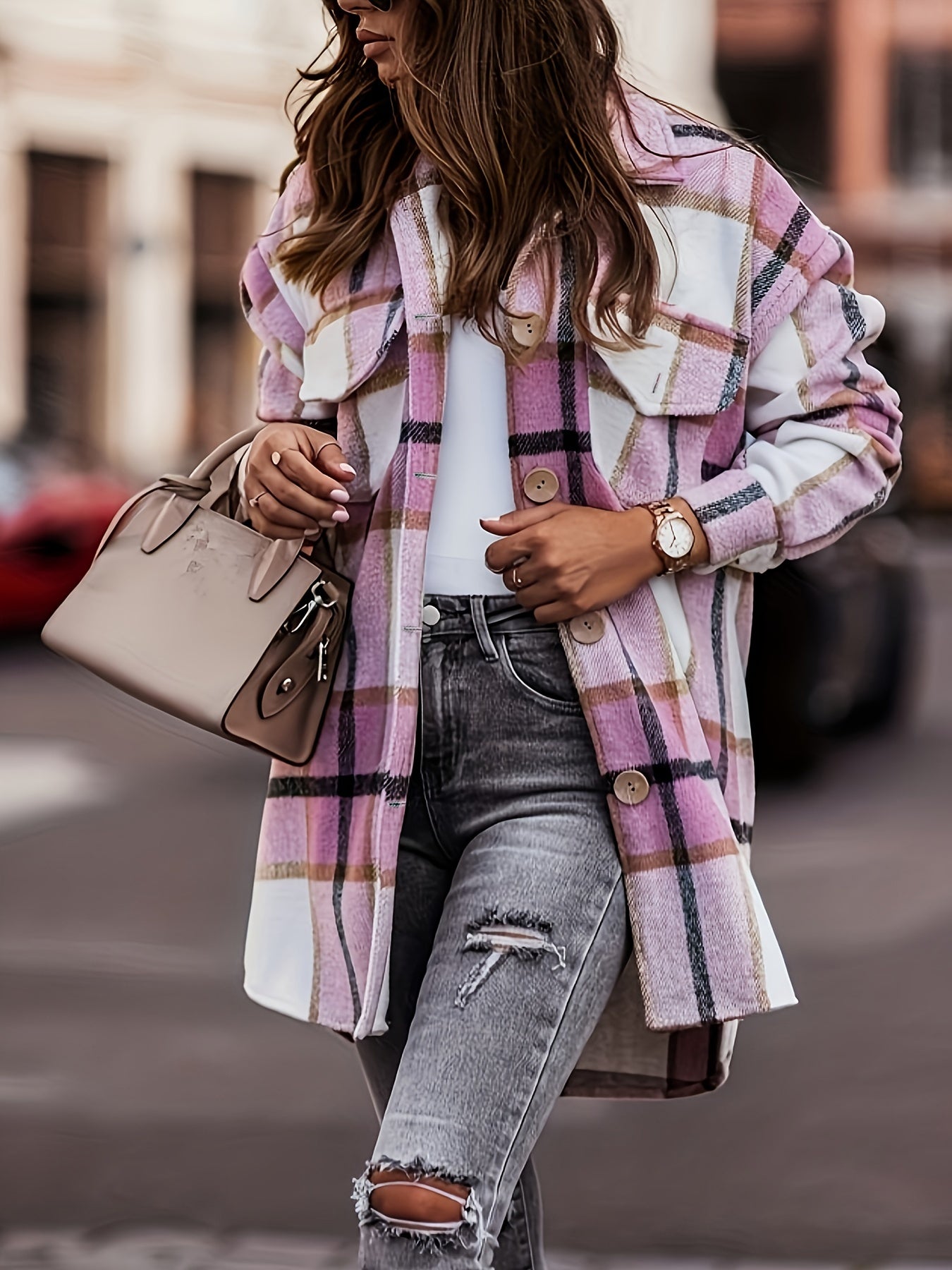 gbolsos Plaid Print Shacket Jacket, Casual Button Front Long Sleeve Outerwear, Women's Clothing