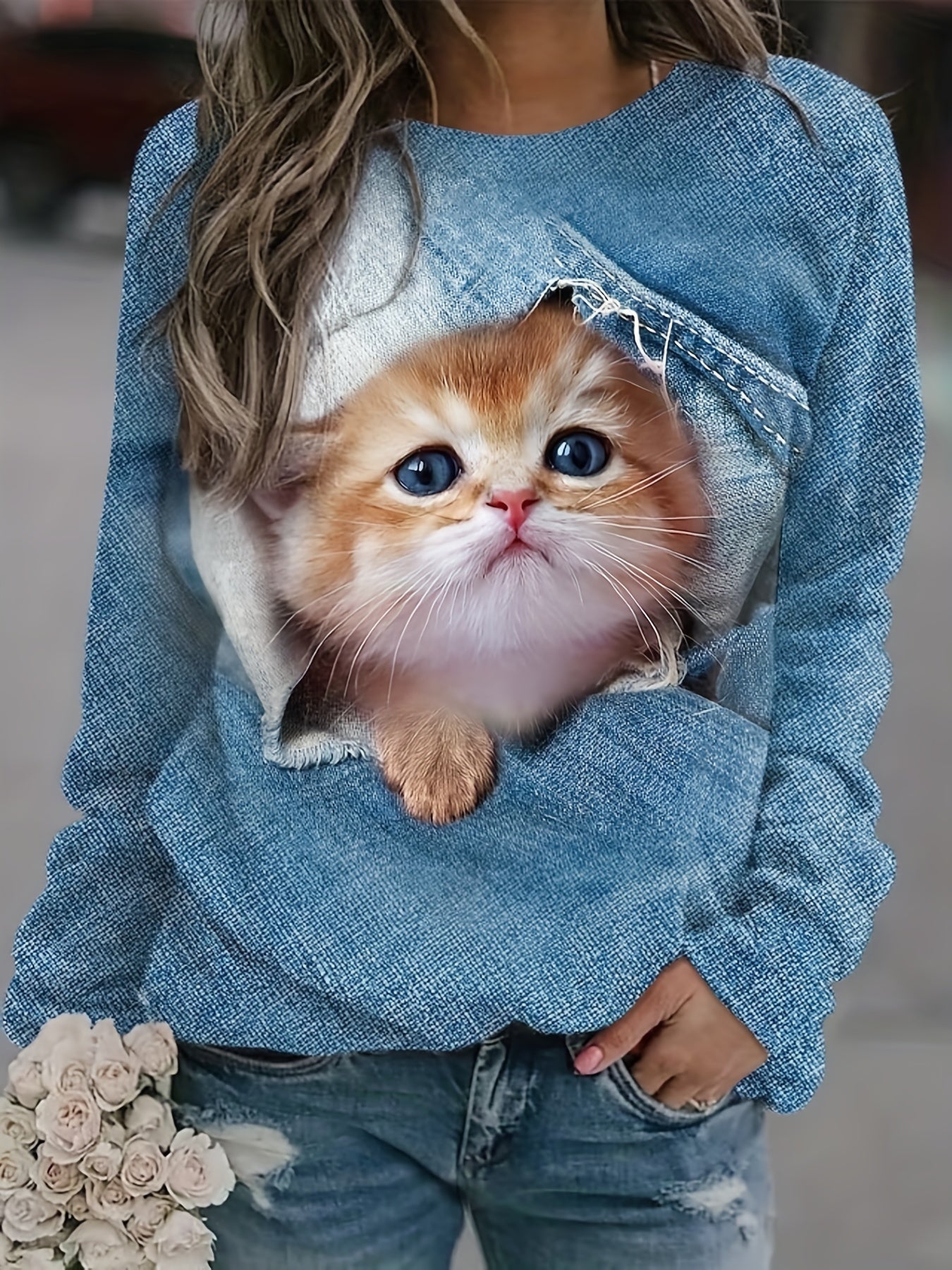 gbolsos Cute Cat Print Sweatshirt, Casual Long Sleeve Crew Neck Sweatshirt For Spring & Fall, Women's Clothing