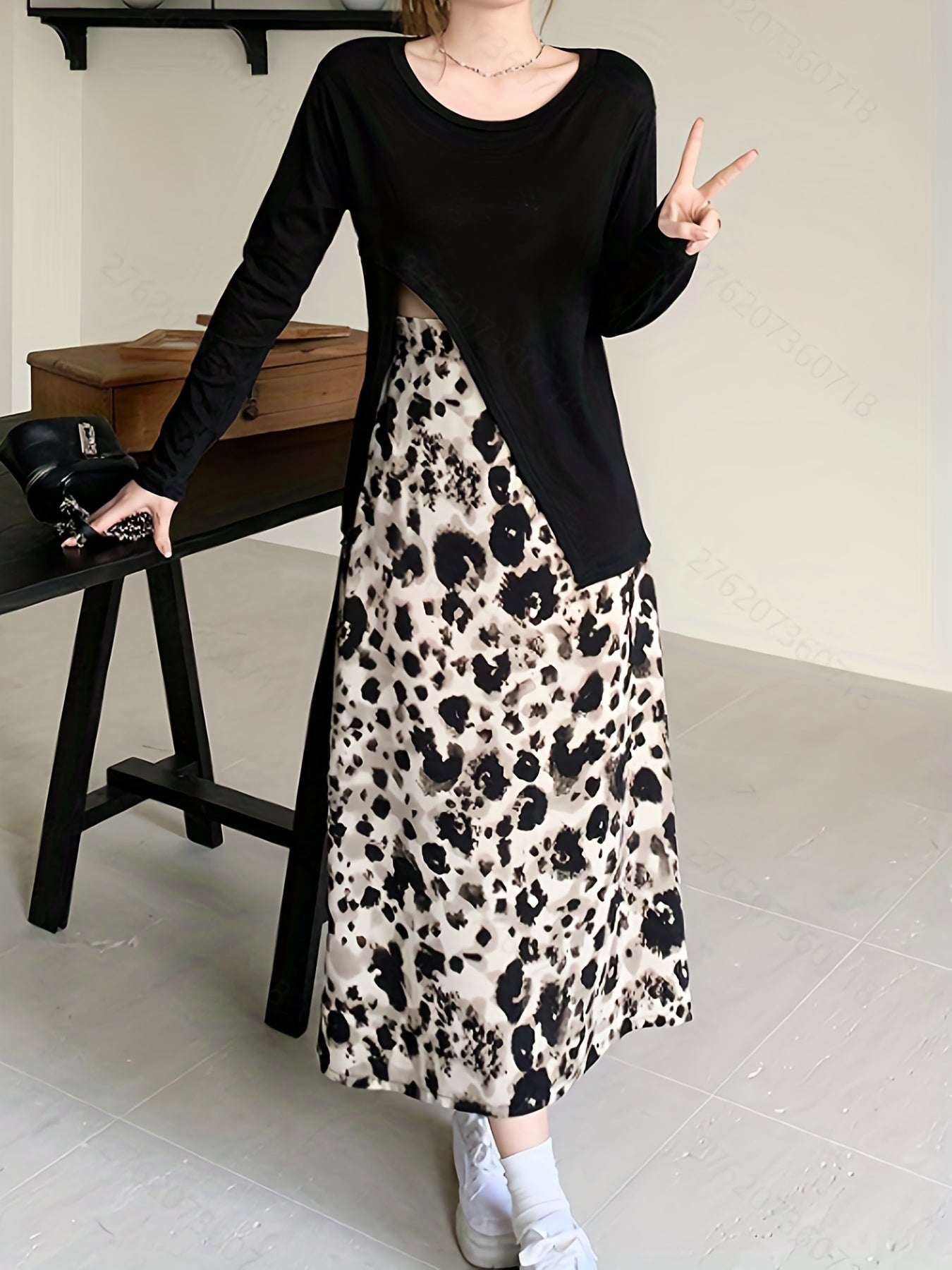 gbolsos Leopard Print Split Mid Skirt, Casual High Waist Skirt For Spring & Summer, Women's Clothing
