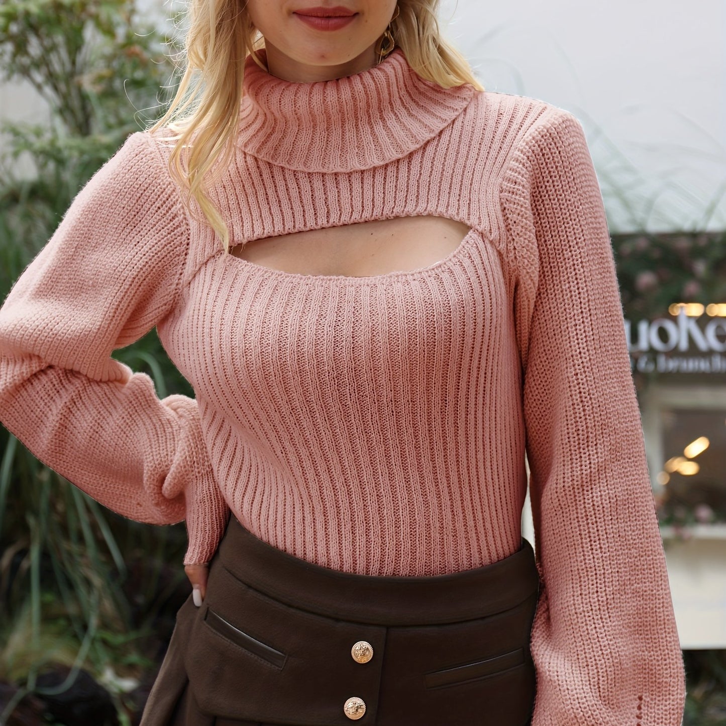 gbolsos Sexy High Neck Sweater, Long Sleeve Sexy Cut Out Casual Sweater For Spring & Fall, Women's Clothing