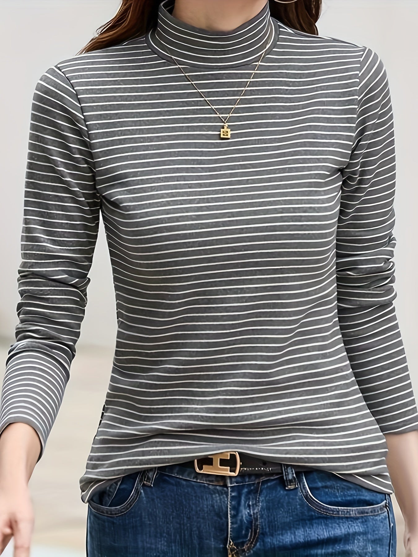 gbolsos Striped Mock Neck T-shirt, Casual Long Sleeve Top For Spring & Fall, Women's Clothing