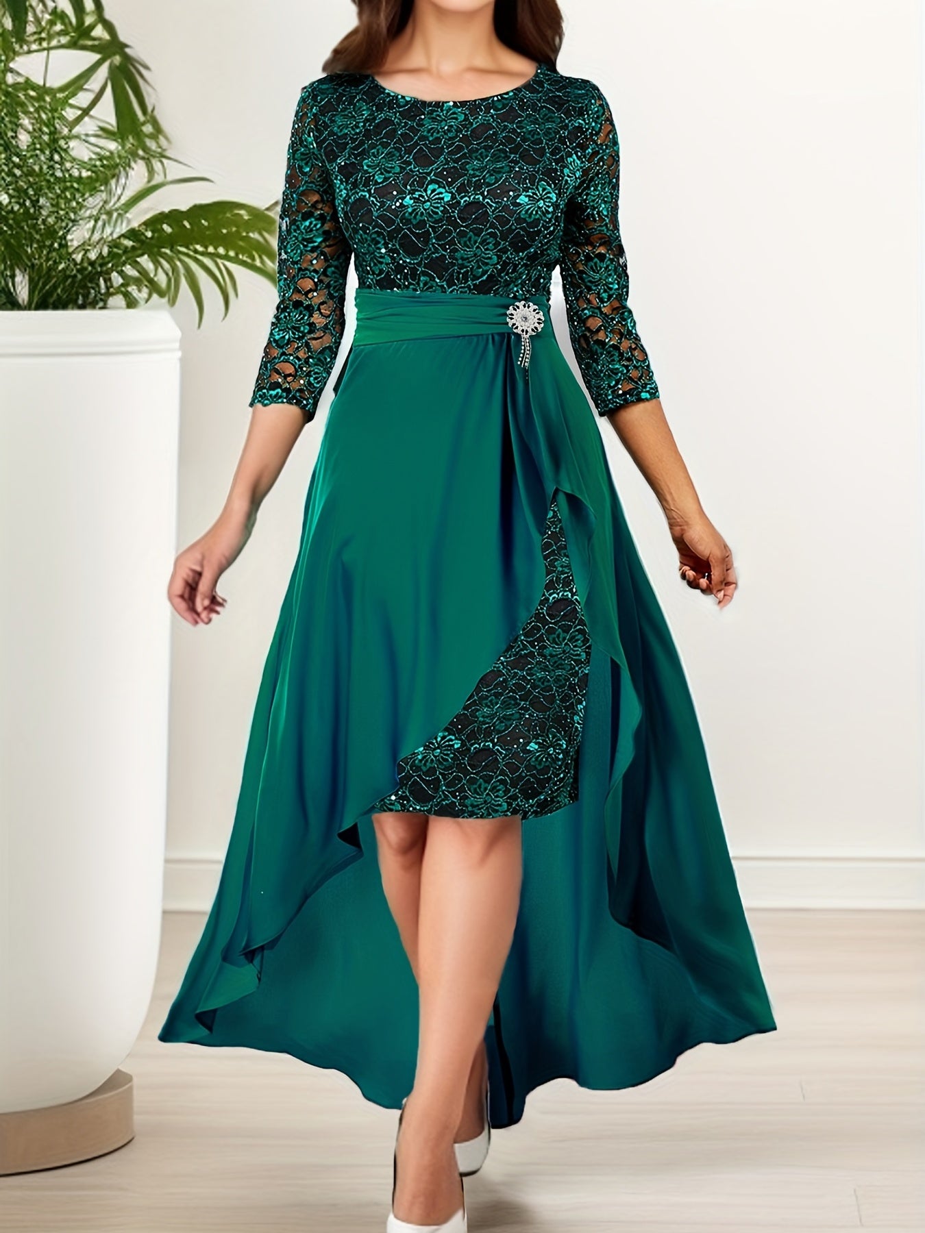 gbolsos Solid Elegant Two-piece Set, Ruffle Trim High Waist Skirts & Contrast Lace Party Dress Outfits, Women's Clothing