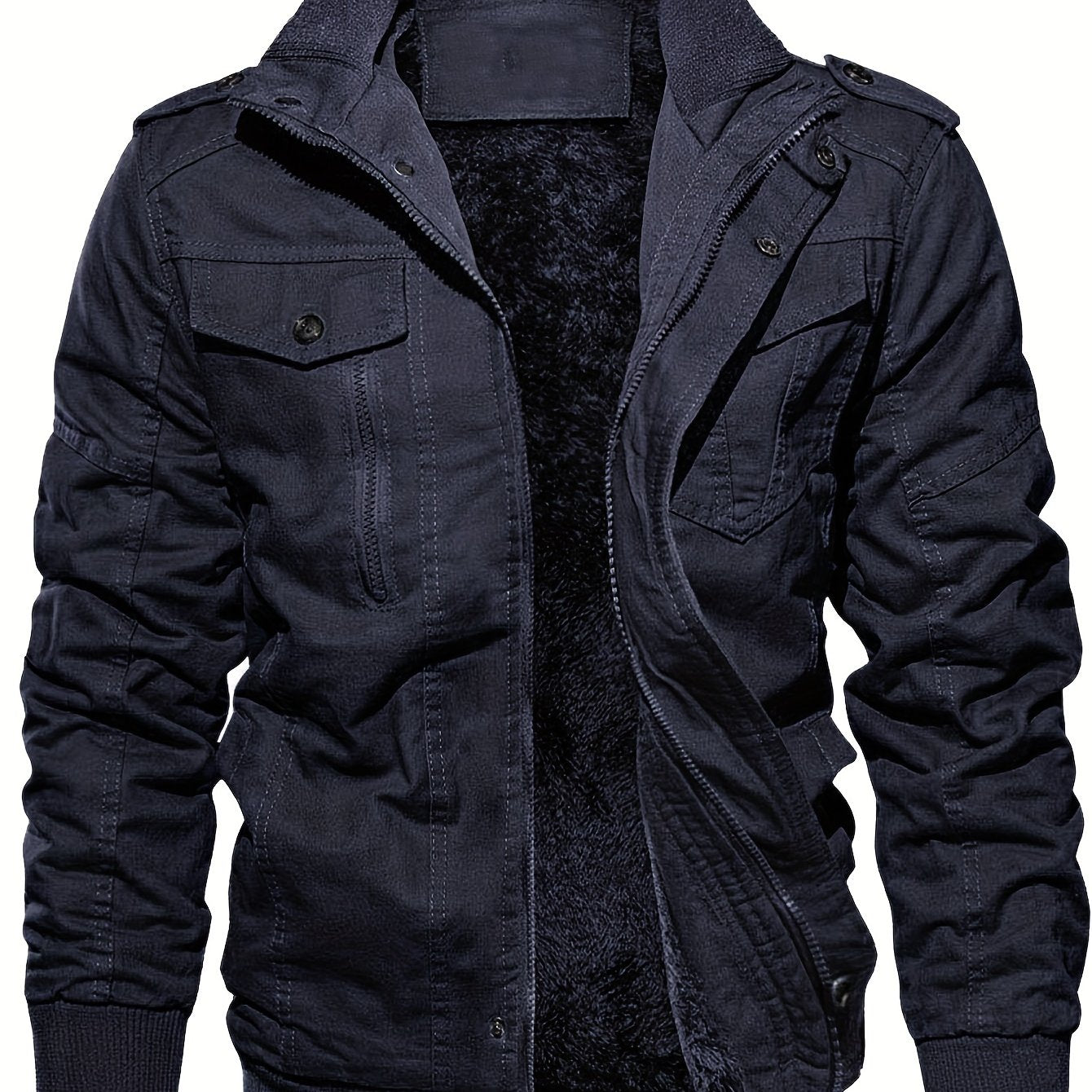 gbolsos Warm Plush Fleece Cotton Jacket, Men's Casual Zipper Pockets Stand Collar Jacket Coat For Fall Winter