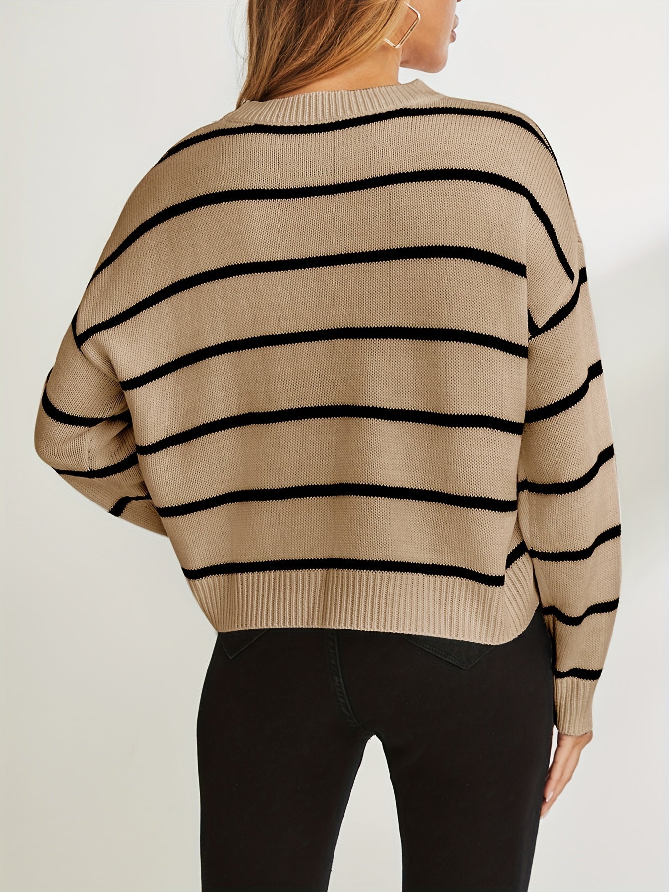 Stripe Print Drop Shoulder Knit Sweater, Casual Crew Neck Long Sleeve Pullover Sweater, Women's Clothing