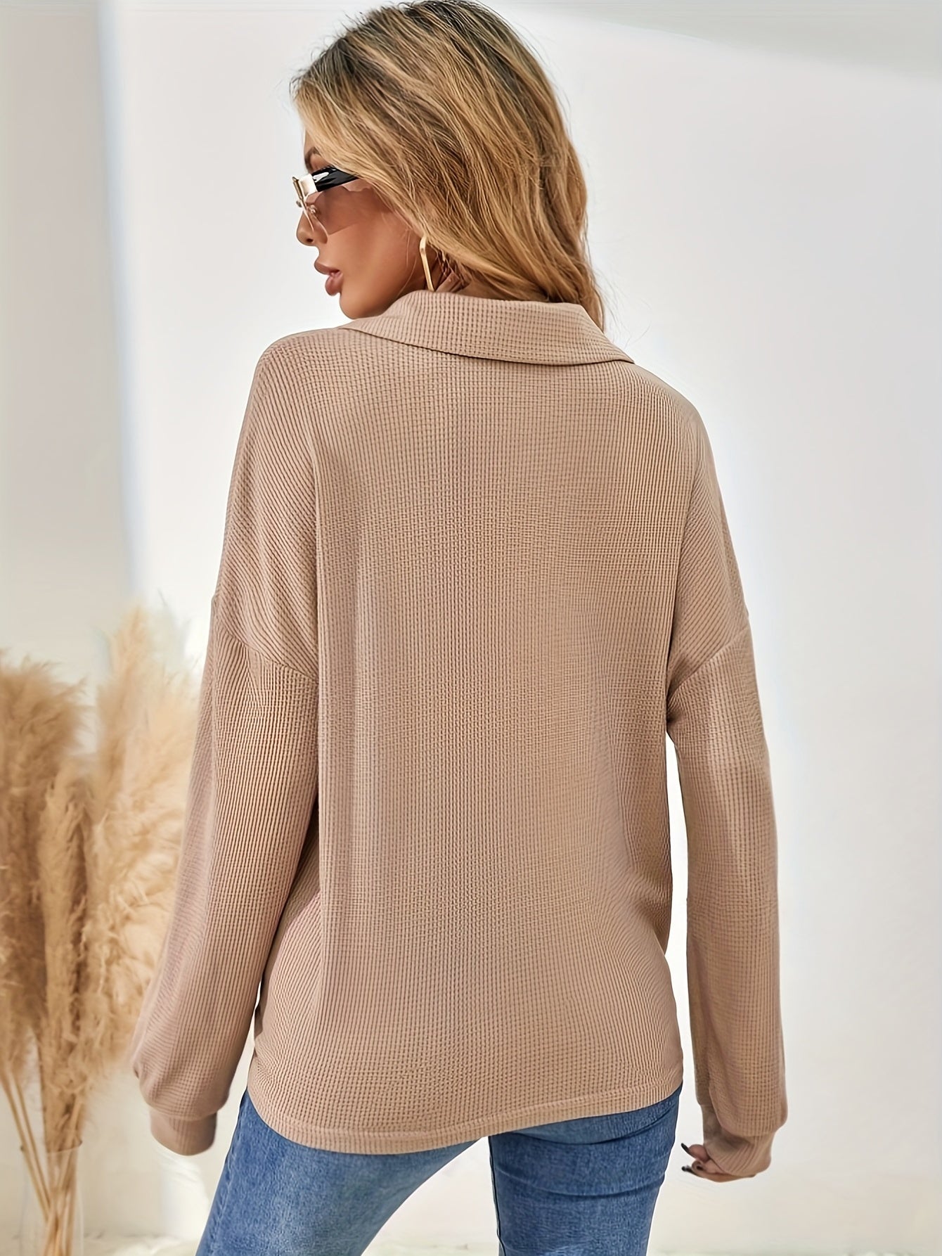 Solid Button Front Polo Collar T-Shirt, Casual Long Sleeve Top For Spring & Fall, Women's Clothing