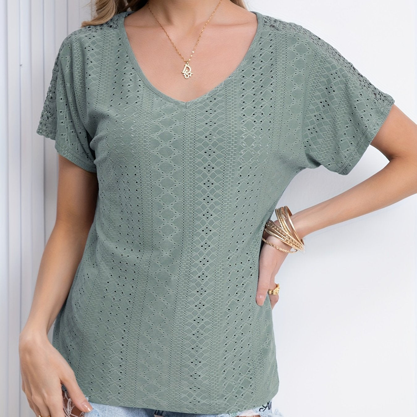 gbolsos V Neck Eyelet T-Shirt, Solid Short Sleeve Casual Top For Summer & Spring, Women's Clothing