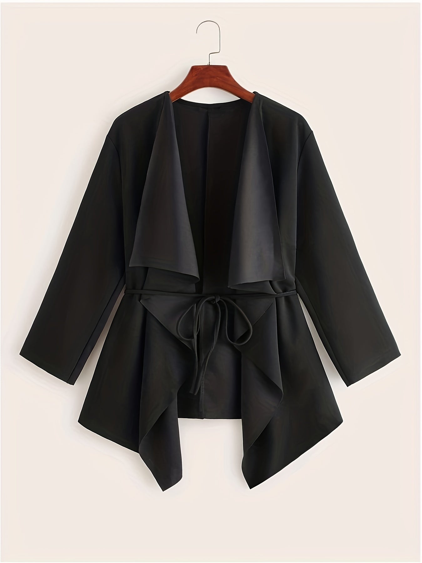 Plus Size Casual Coat, Women's Plus Solid Long Sleeve Waterfall Collar Asymmetric Hem Overcoat With Belt