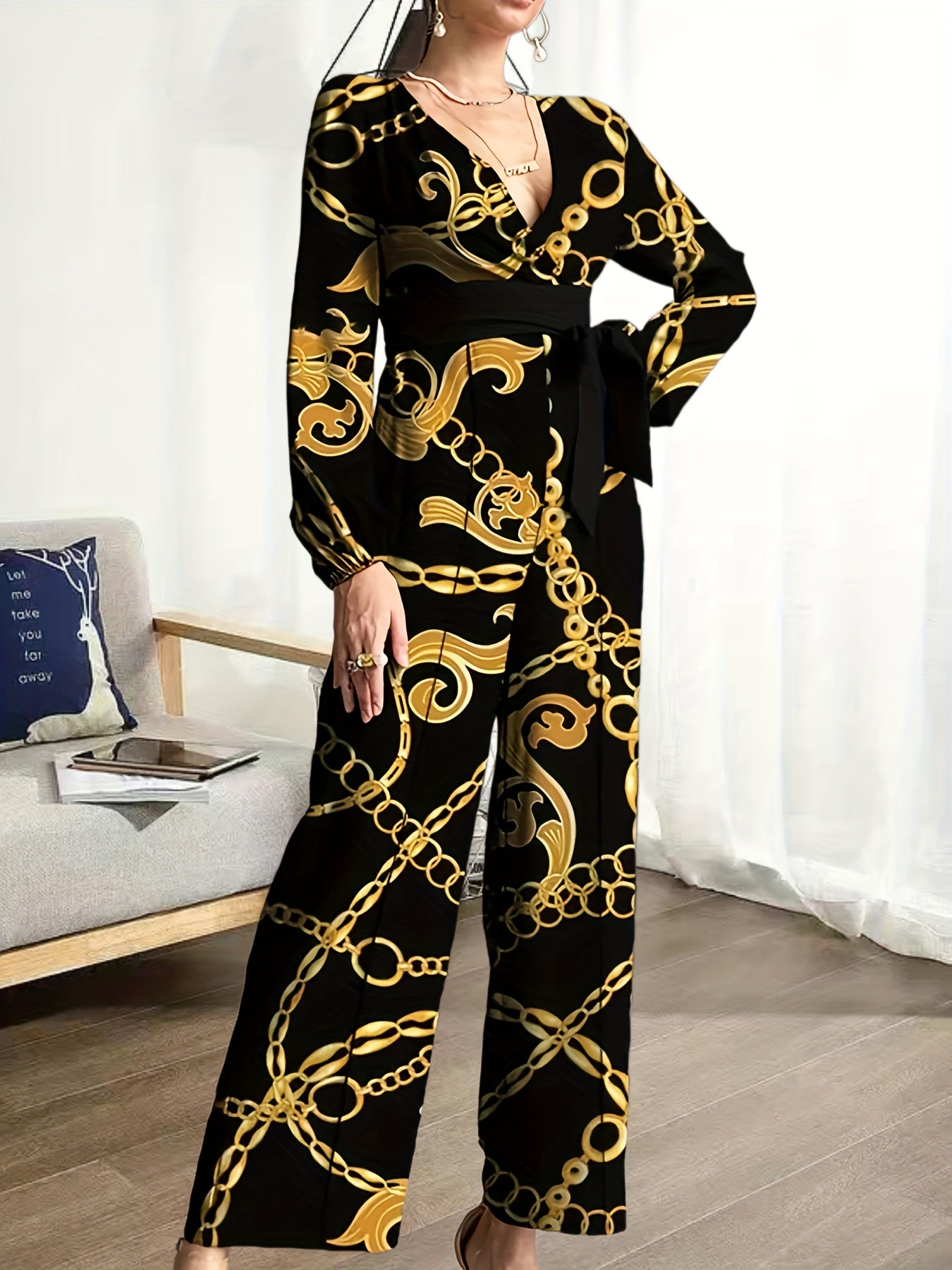 gbolsos Chain Print Belted Wide Leg Jumpsuit, Elegant Deep V Neck Long Sleeve Jumpsuit For Spring & Fall, Women's Clothing