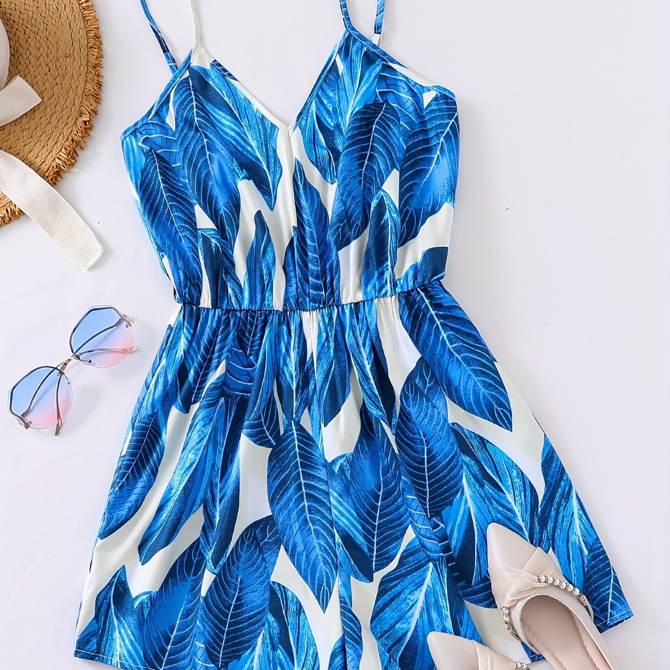 gbolsos Tropical Print V-neck Cami Romper Jumpsuit, Casual Sleeveless Romper Jumpsuit, Women's Clothing