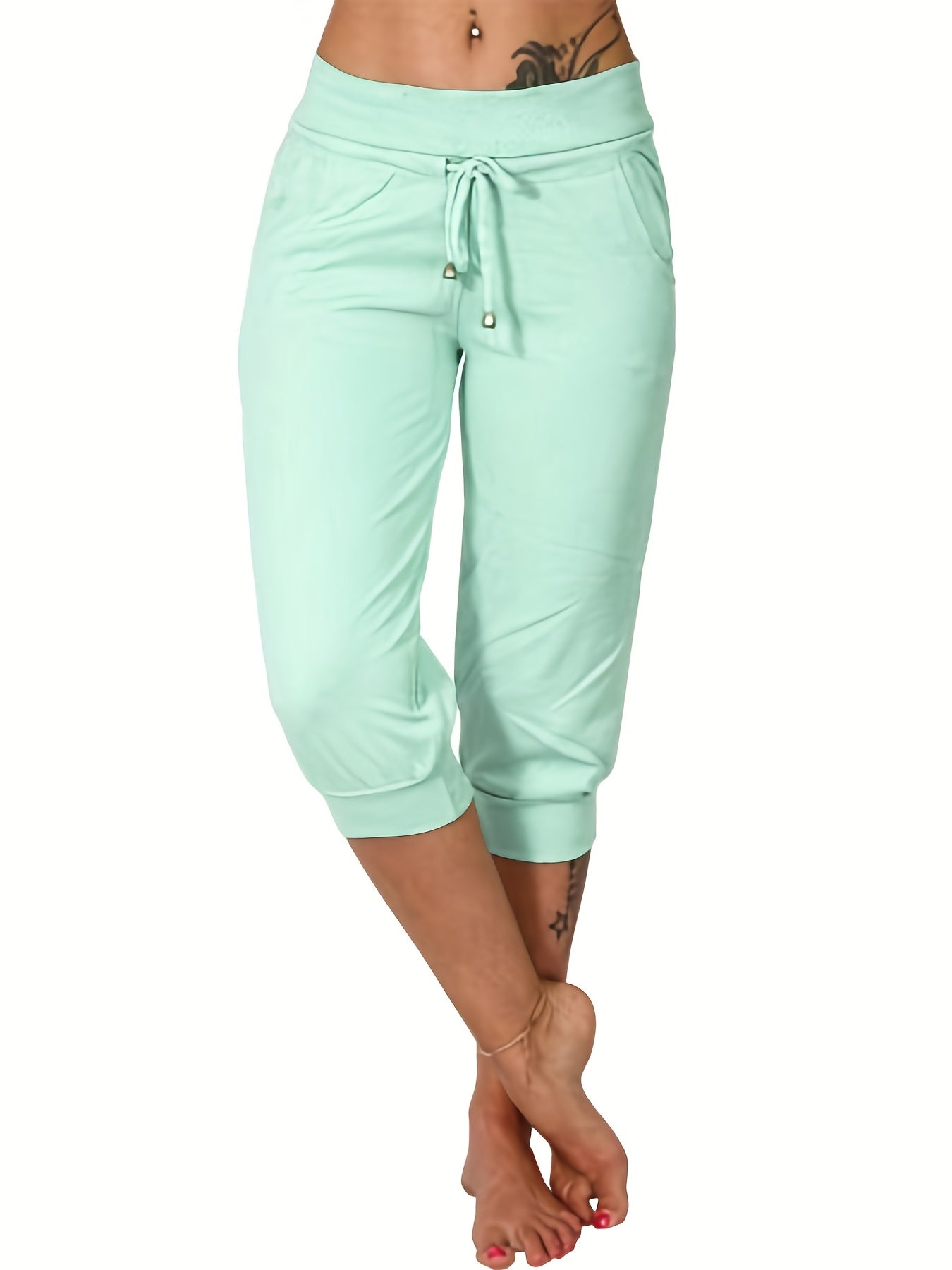 gbolsos Drawstring Workout Cropped Pants, Casual Solid Summer Pants With Pockets, Women's Clothing