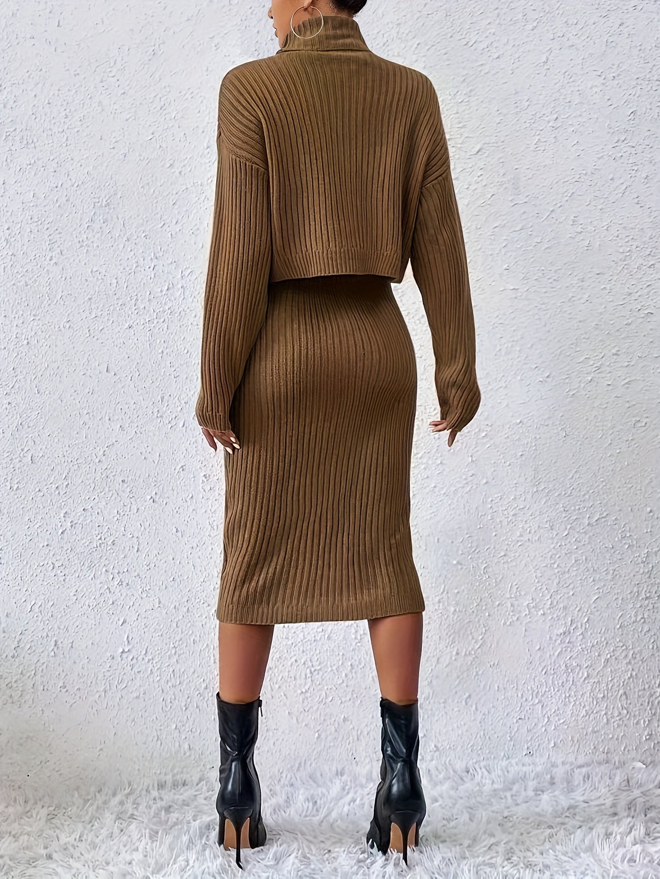 gbolsos Casual Sweater Two-piece Set, Turtleneck Long Sleeve Tops & Sleeveless Bodycon Dress Outfits, Women's Clothing