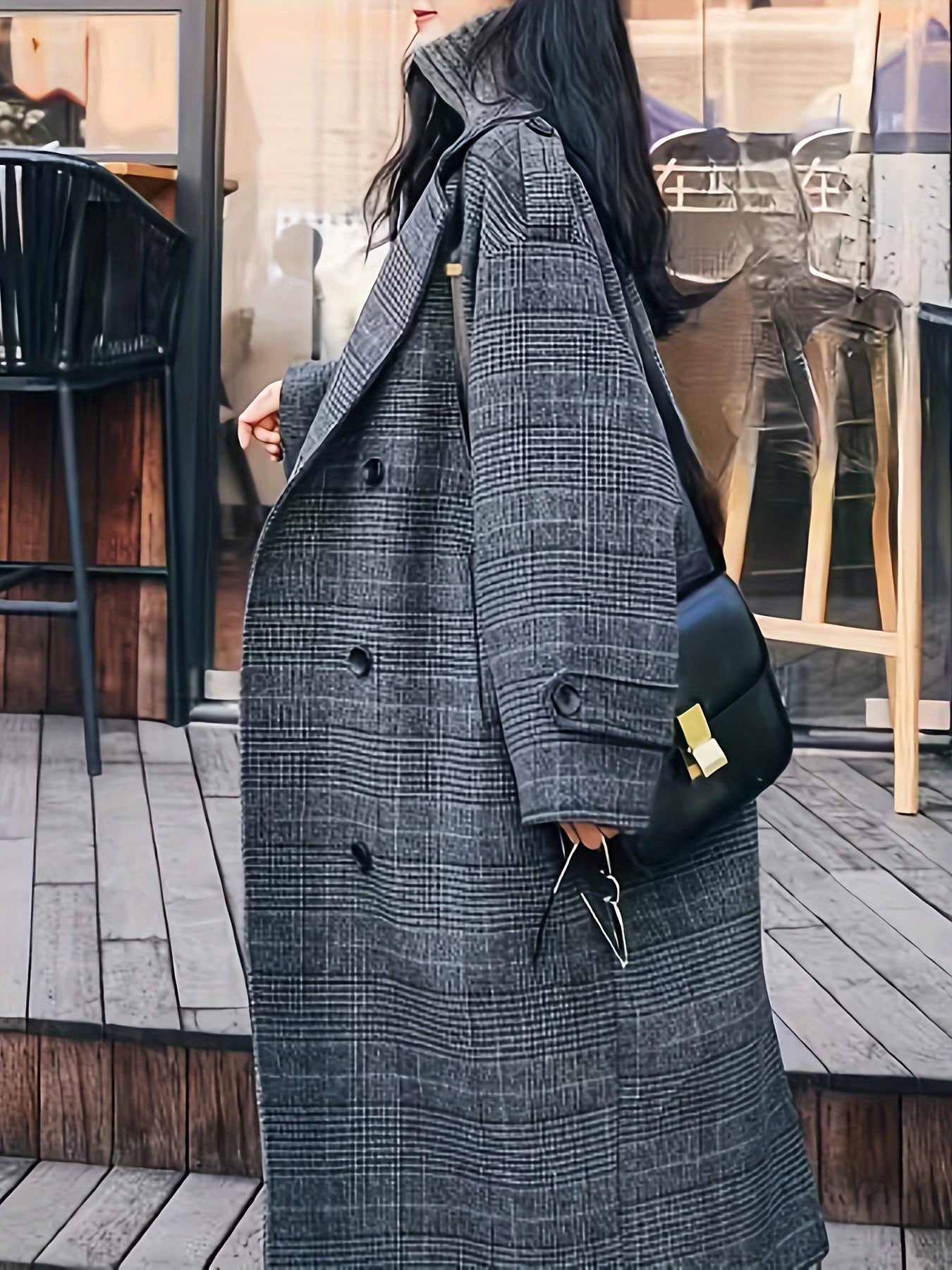 Plaid Button Front Pea Coat, Casual Lapel Long Sleeve Fall & Winter Outerwear, Women's Clothing