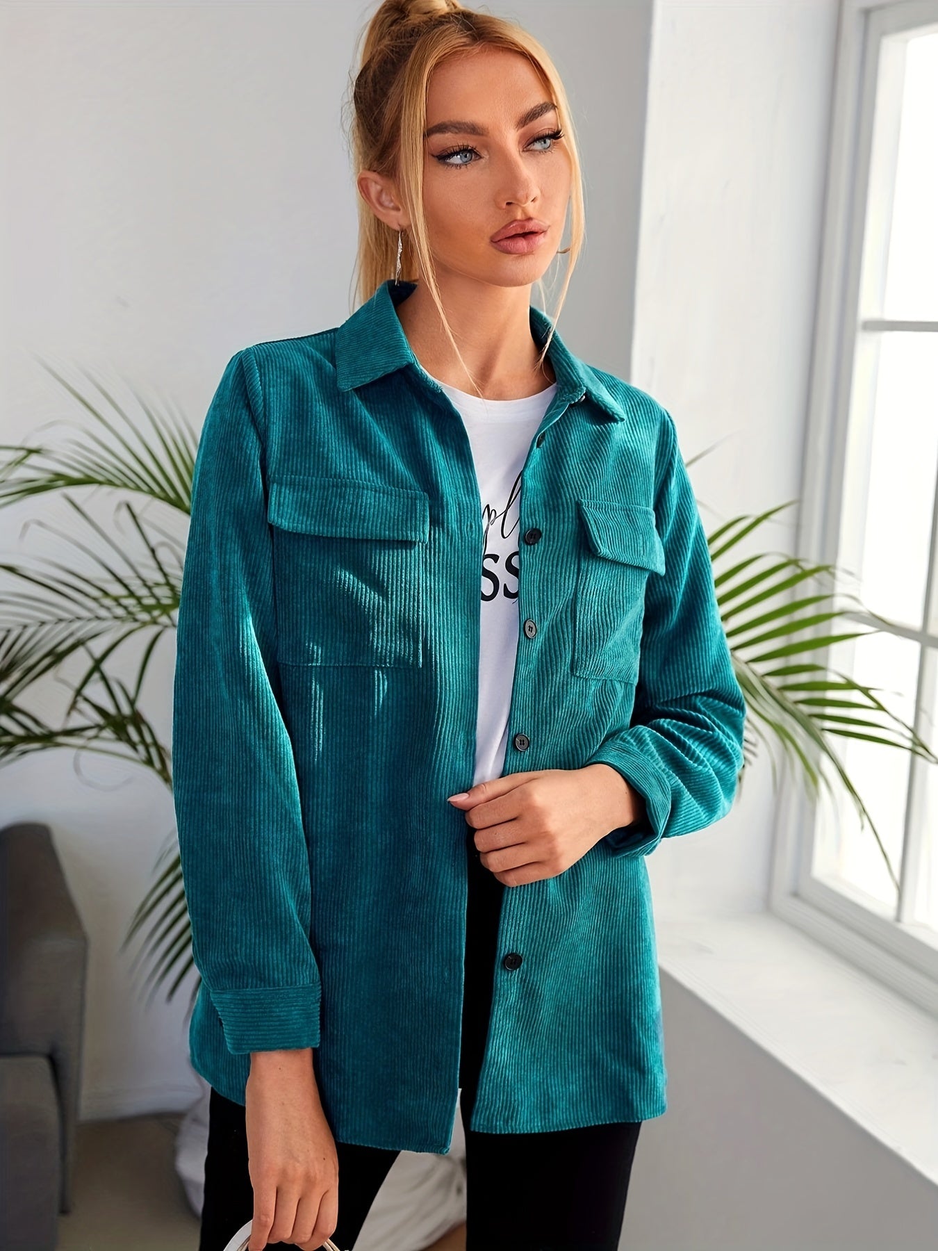 gbolsos Button Front Solid Jacket, Casual Long Sleeve Versatile Outerwear, Women's Clothing
