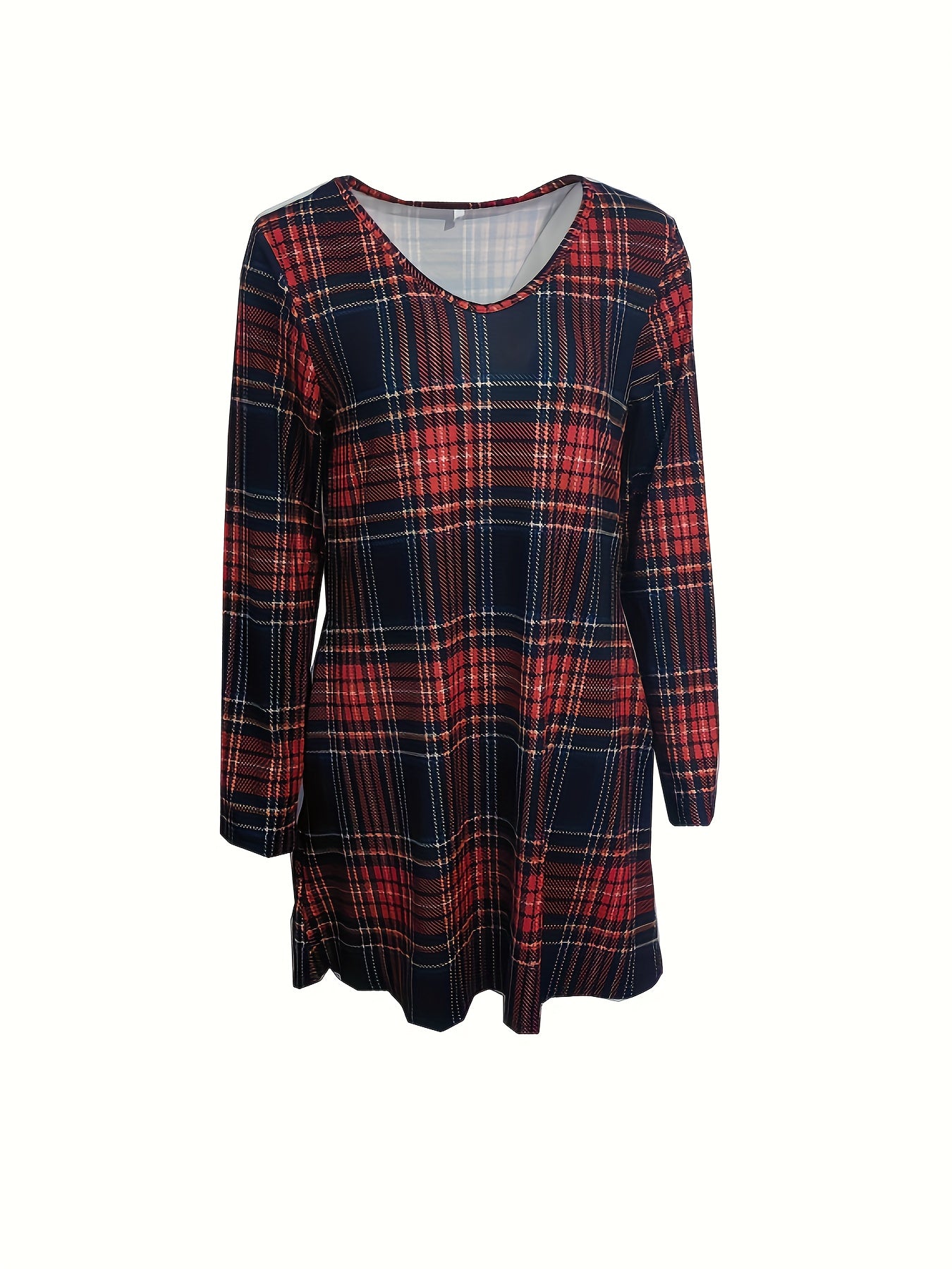 gbolsos Plaid V Neck Dress, Casual Long Sleeve Dress, Women's Clothing