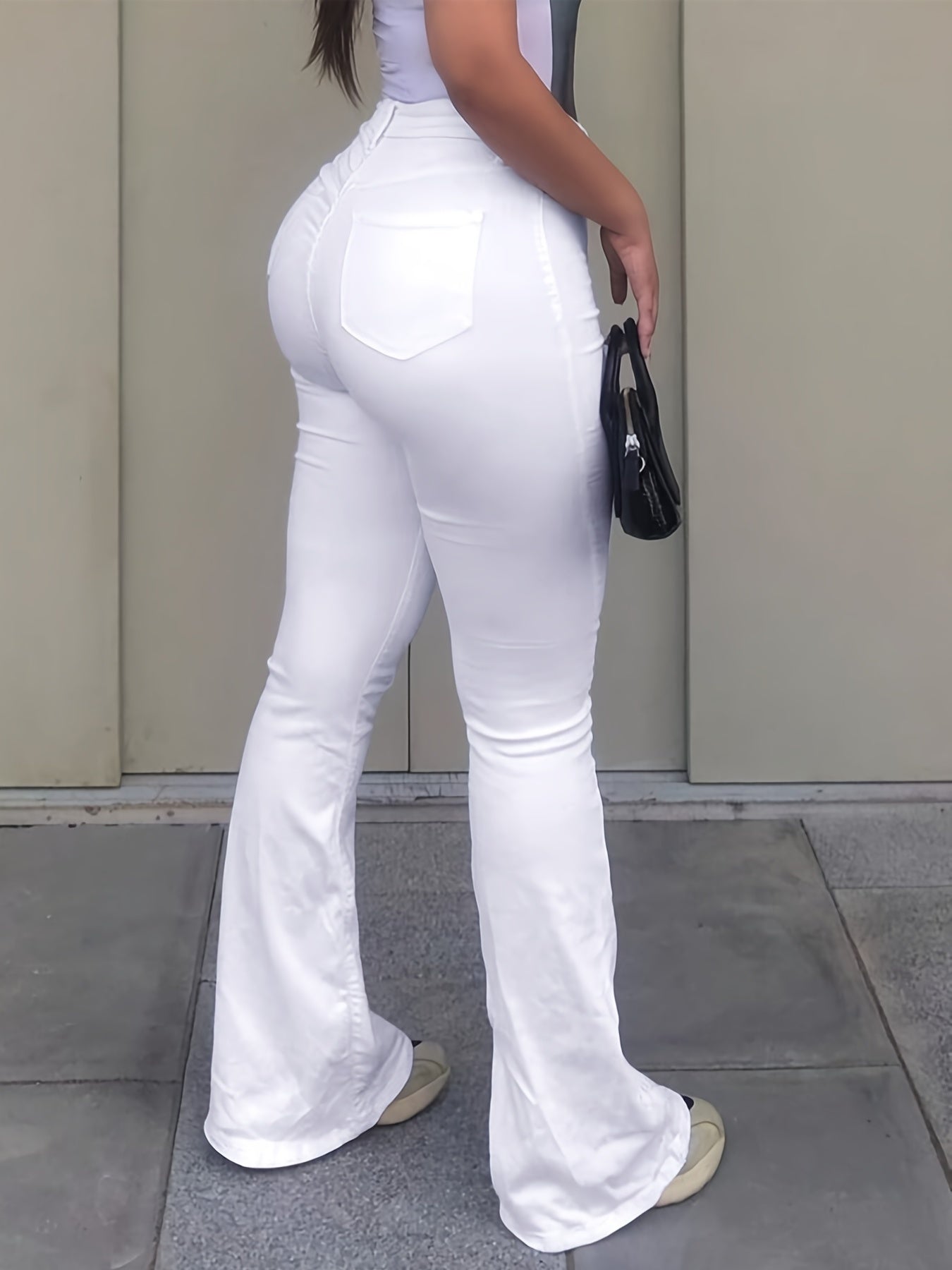gbolsos White Mid-Stretch Flare Jeans, Slant Pockets Classic Bell Bottom Jeans, Women's Denim Jeans & Clothing