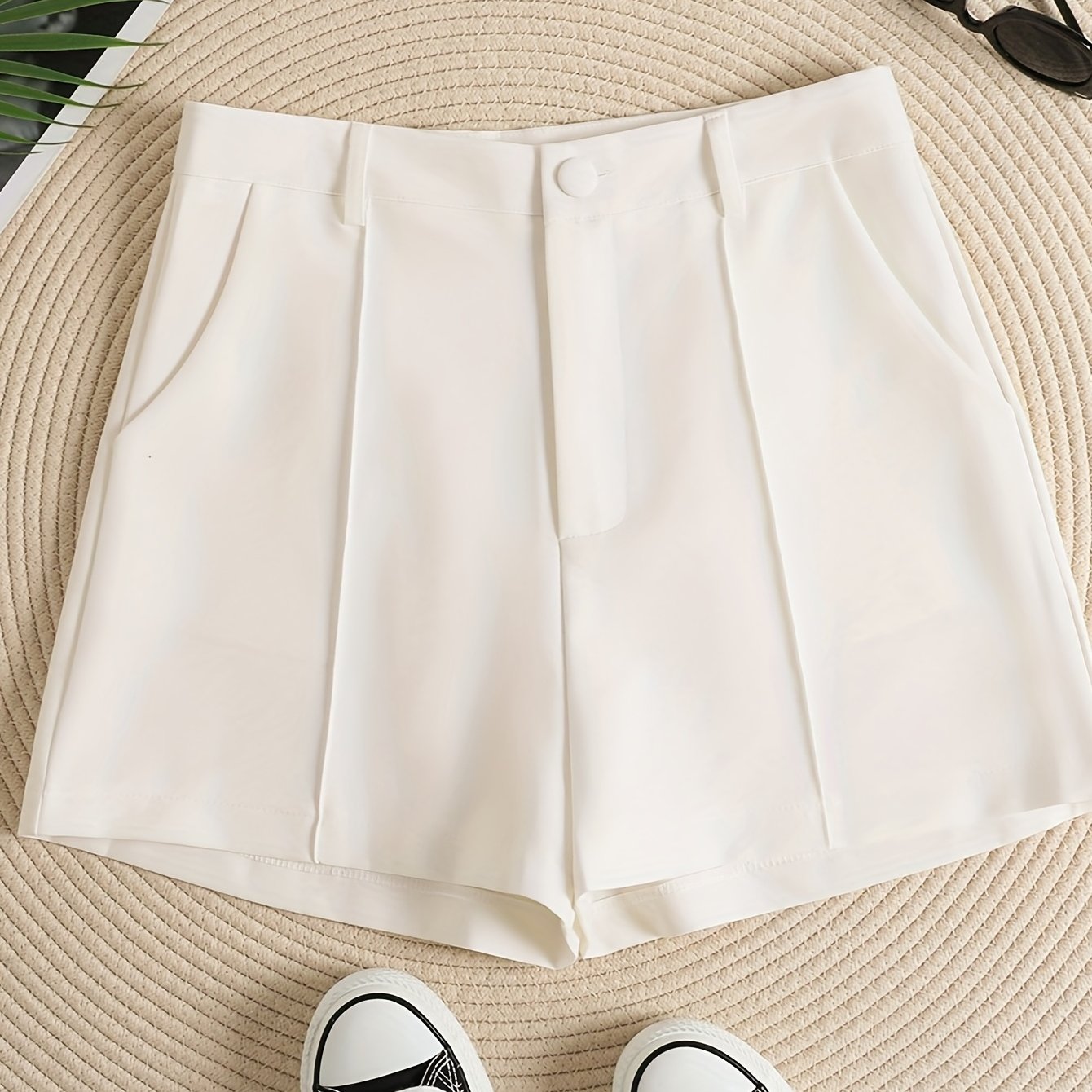 gbolsos Solid Color High Waist Shorts, Casual Zipper Front Shorts For Spring & Summer, Women's Clothing