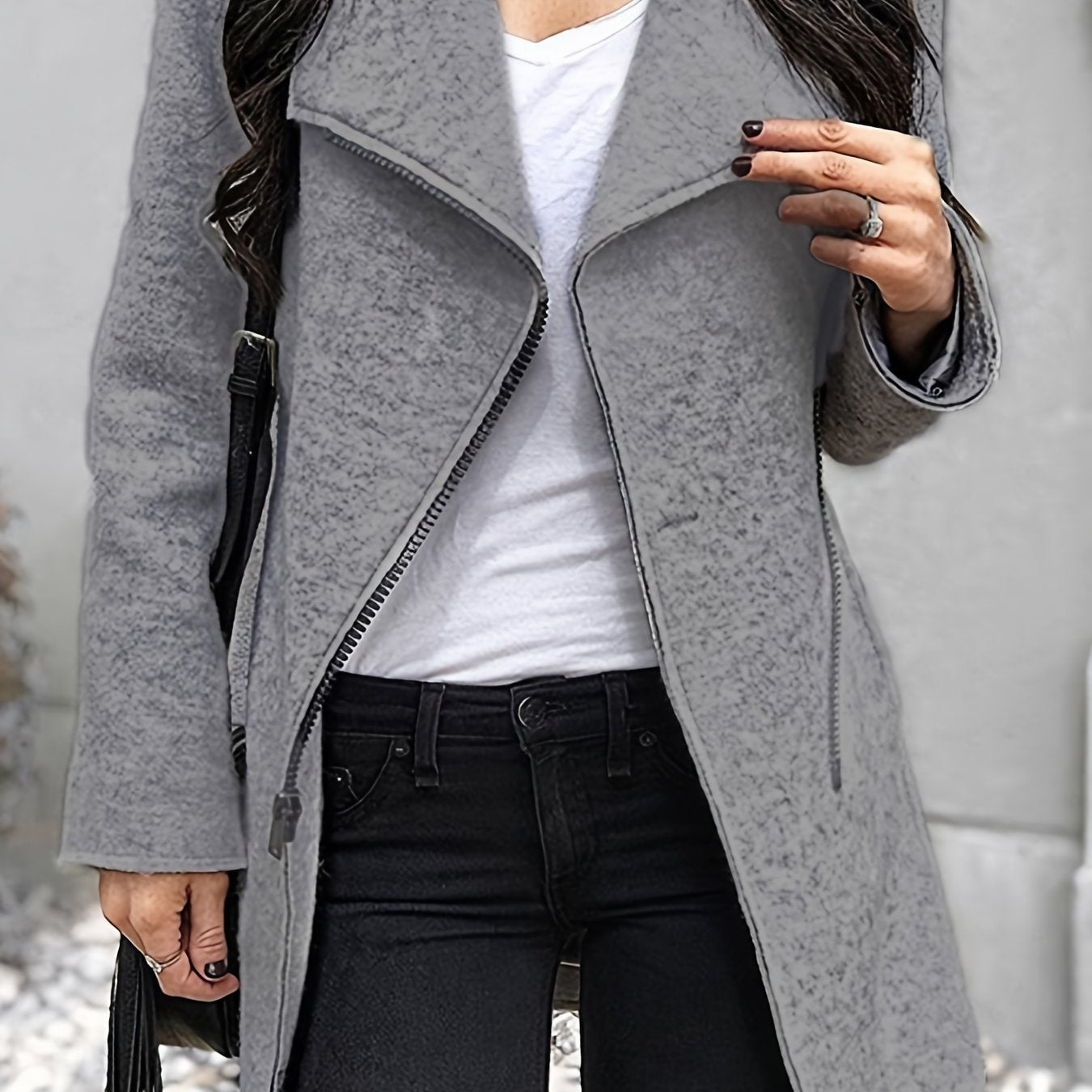 gbolsos Slanted Zipper Solid Jacket, Casual Long Sleeve Simple Outerwear, Women's Clothing
