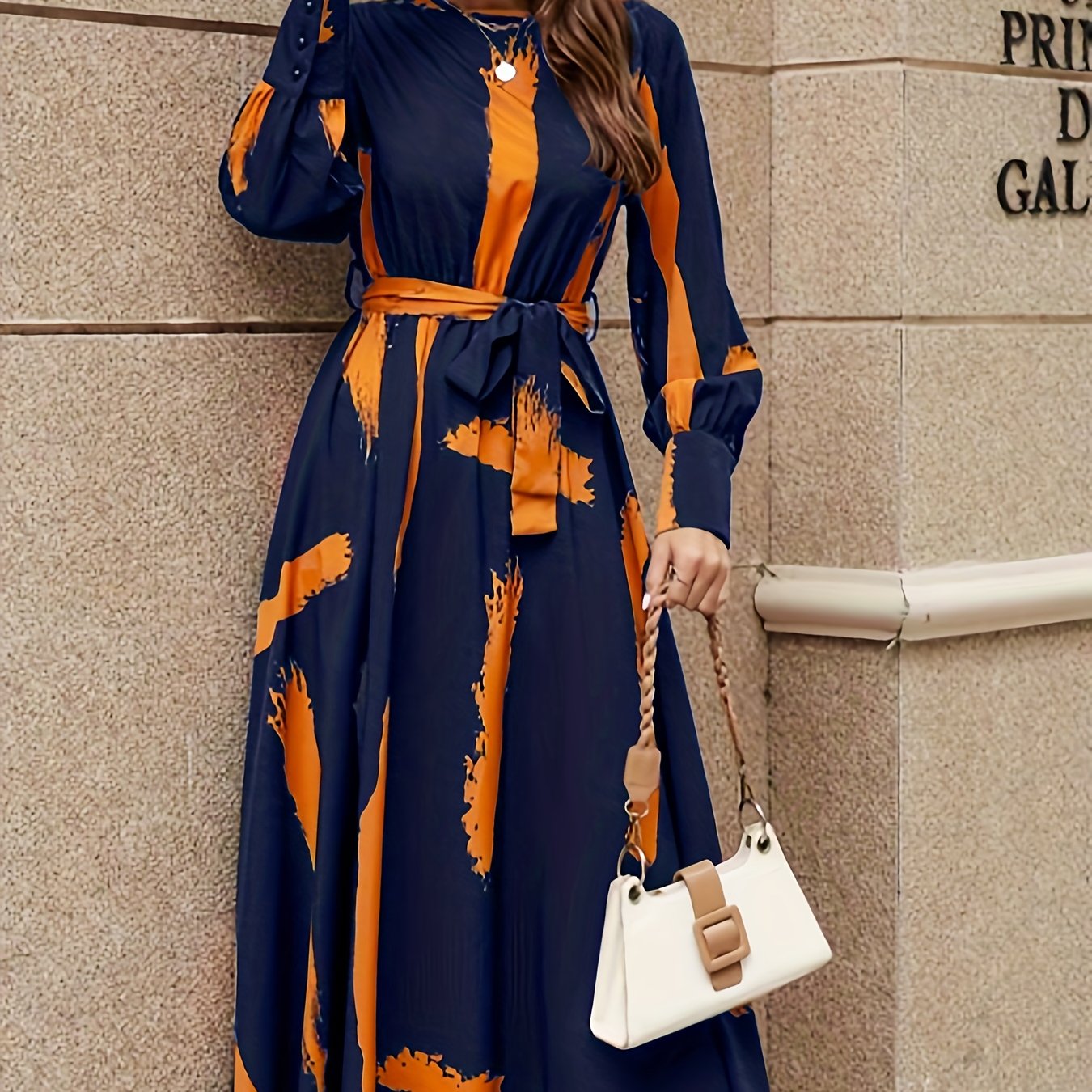 gbolsos Brush Print Keyhole Dress, Elegant Long Sleeve Maxi Dress, Women's Clothing