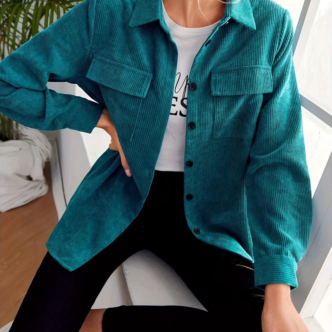 gbolsos Button Front Solid Jacket, Casual Long Sleeve Versatile Outerwear, Women's Clothing