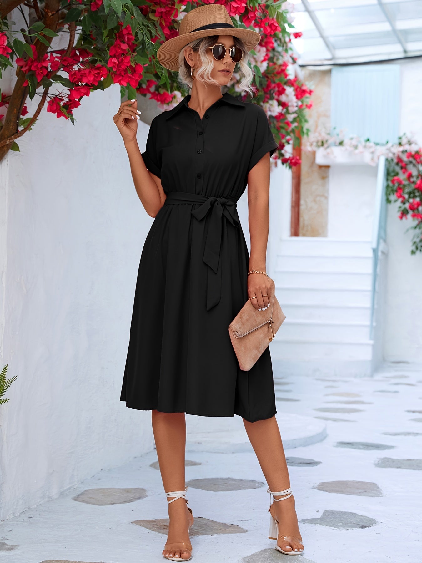 gbolsos Solid Belted Shirt Dress, Short Sleeve Casual Dress For Summer & Spring, Women's Clothing