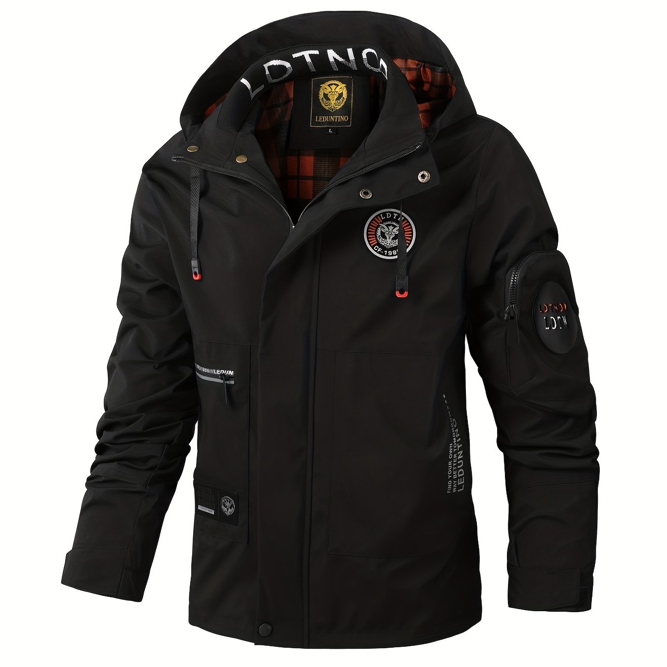 gbolsos Waterproof Windbreaker Hooded Jacket With Plaid Lining, Men's Casual Solid Color Zip Up Jacket For Spring Fall Outdoor