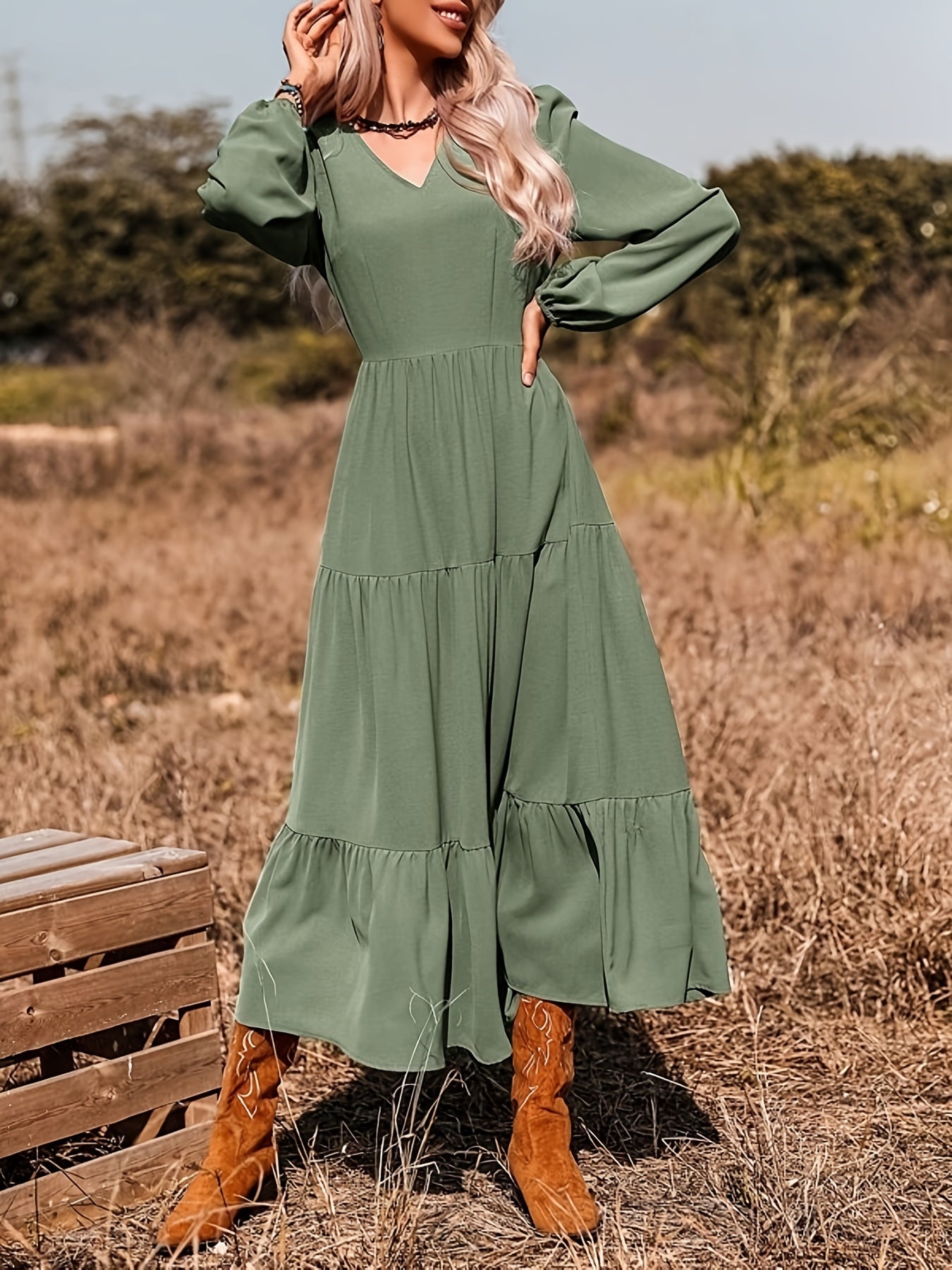 gbolsos Solid Color Lantern Sleeve Dress, Casual V Neck Tiered Dress For Spring & Fall, Women's Clothing