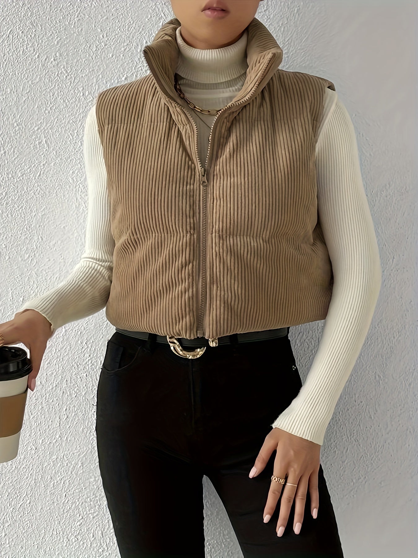 gbolsos Zip Up High Neck Vest, Casual Solid Simple Sleeveless Vest, Women's Clothing