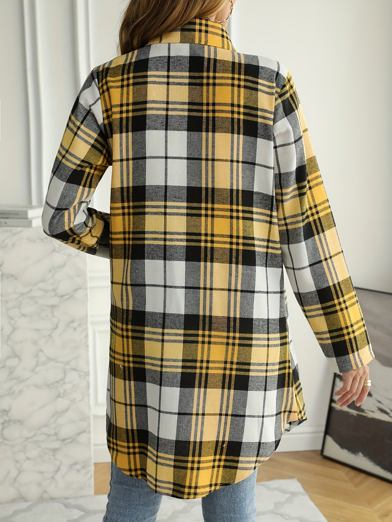 gbolsos Plaid Print Button Front Shirt, Dipped Hem Long Sleeve Shirt For Spring & Fall, Women's Clothing