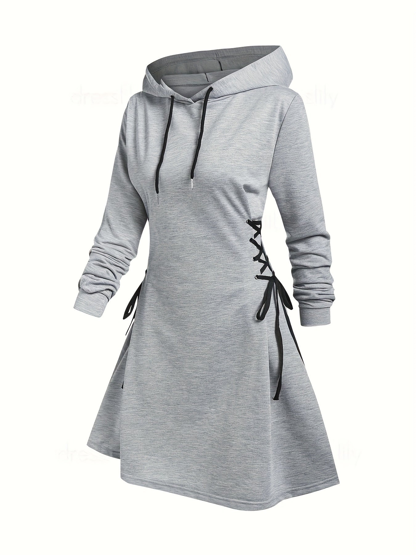 Drawstring Lace Up Hooded Dress, Casual Long Sleeve Solid Dress, Women's Clothing