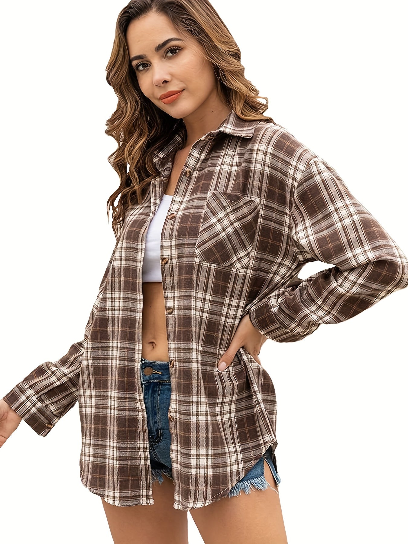 gbolsos Plaid Button Front Pocket Shirt, Casual Long Sleeve Shirt For Spring & Fall, Women's Clothing