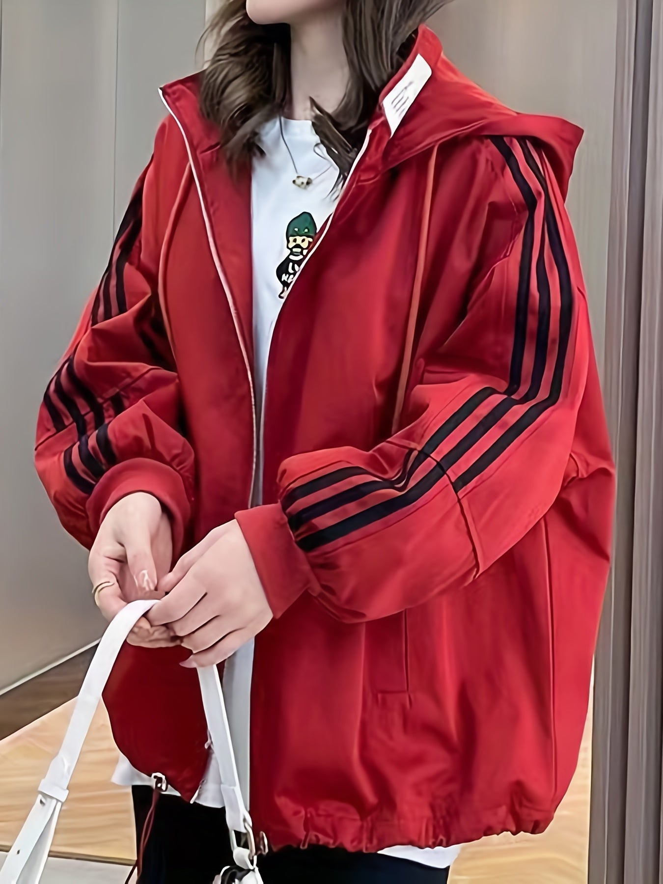gbolsos Striped Print Zip Up Jacket, Casual Drawstring Hooded Jacket, Women's Clothing