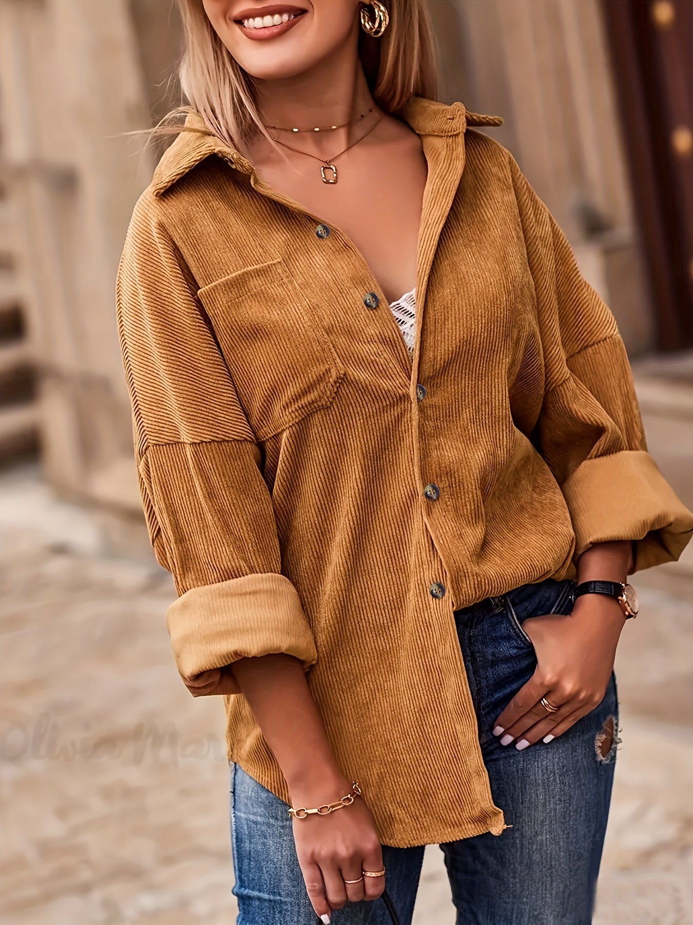 gbolsos Solid Button Front Pocket Shirt, Casual Long Sleeve Shirt For Spring & Fall, Women's Clothing