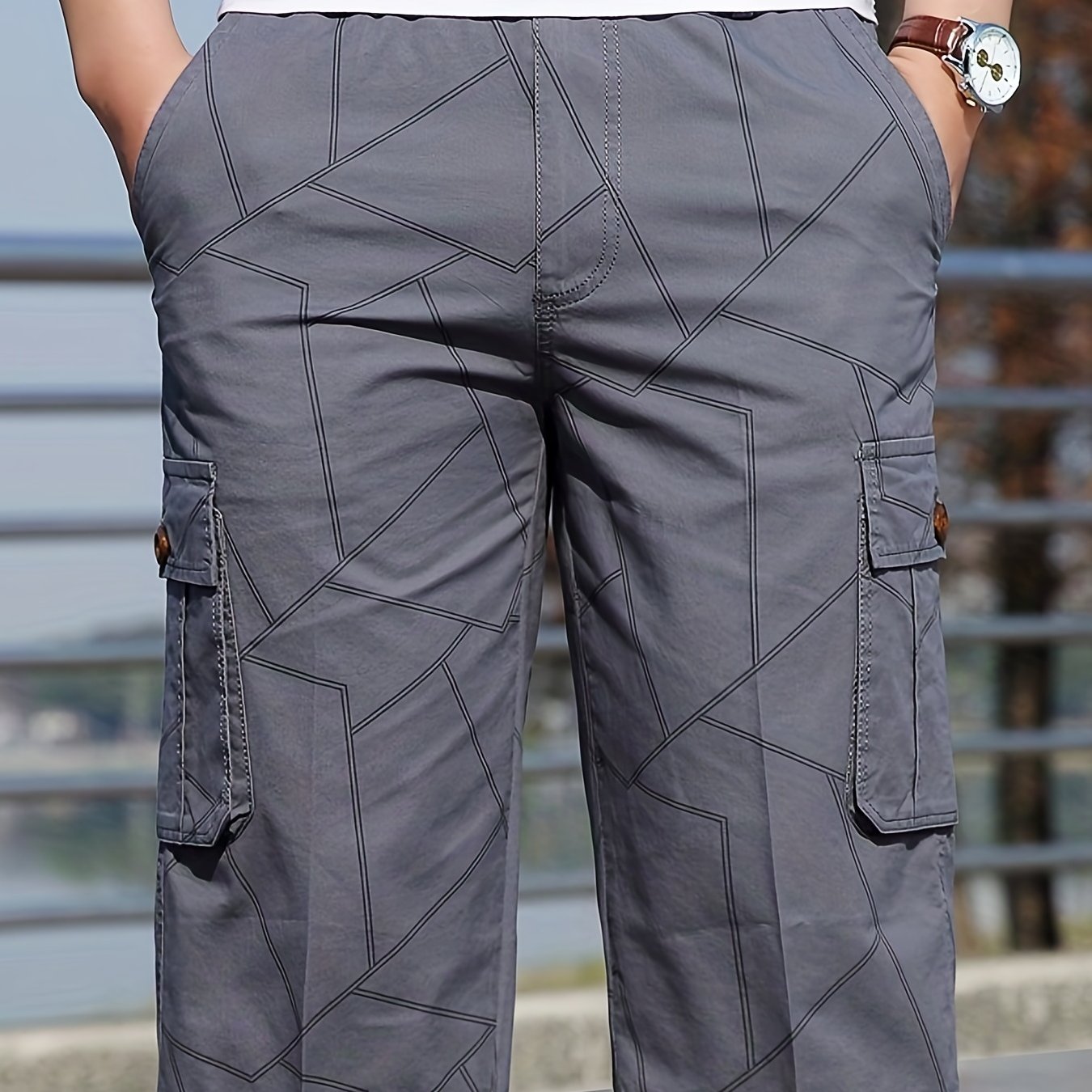 gbolsos Geometric Pattern Cotton Cargo Shorts, Men's Casual Multi Pocket Waist Drawstring Cargo Shorts For Summer Outdoor