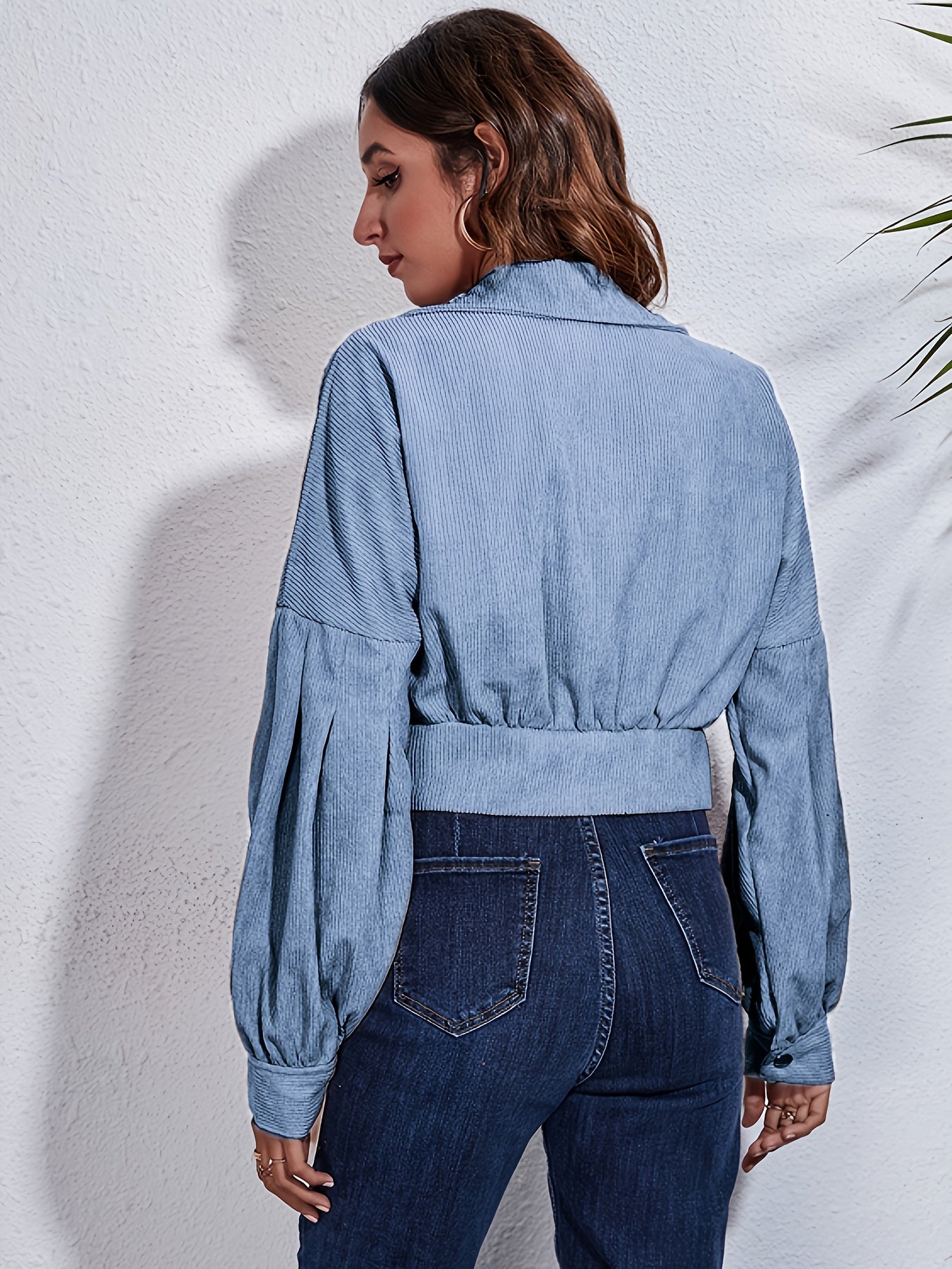 gbolsos Casual Corduroy Crop Jacket, Lapel Lantern Long Sleeve Fashion Loose Crop Outerwear, Women's Clothing