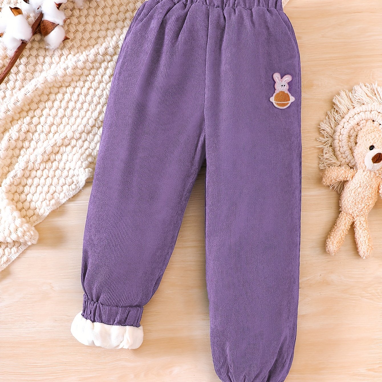 gbolsos Toddler Girls Fleece Lined Corduroy Jogger Pants Cute Bear Embroidery Elastic Waist For Winter