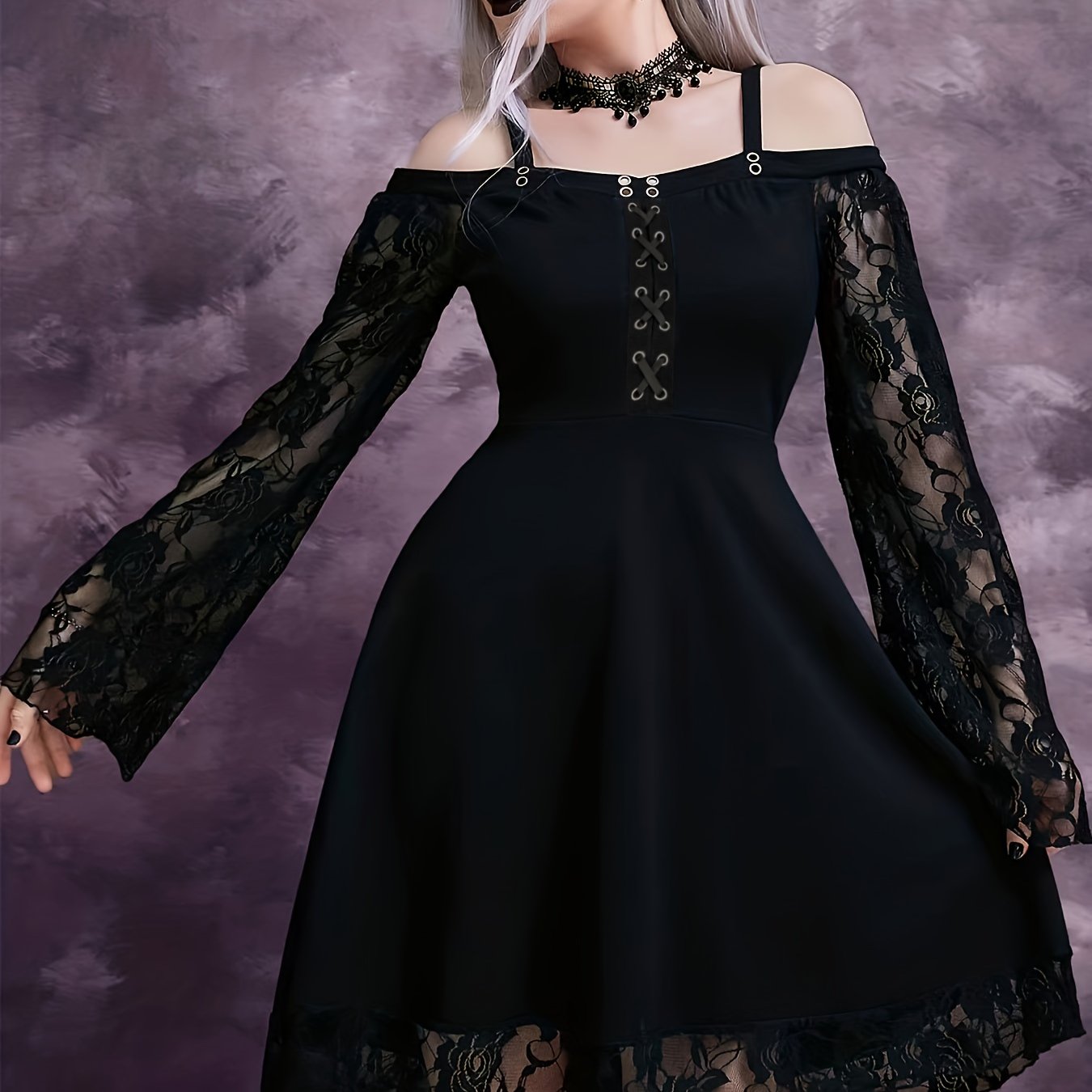 Solid Contrast Lace Dress, Gothic Drawstring Solid Mini Dress, Women's Clothing