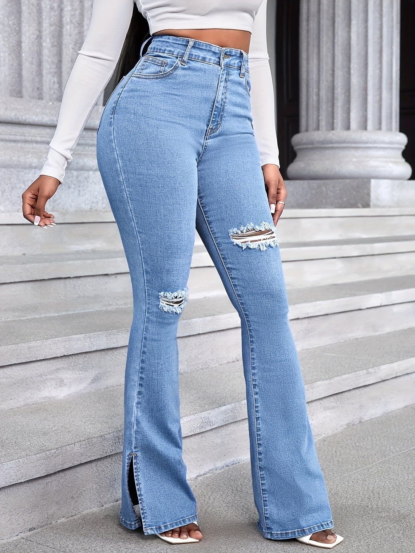 gbolsos Light Blue Ripped Flared Jeans, Bell Bottom High Waist Wide Legs Split Denim Pants, Women's Denim Jeans & Clothing