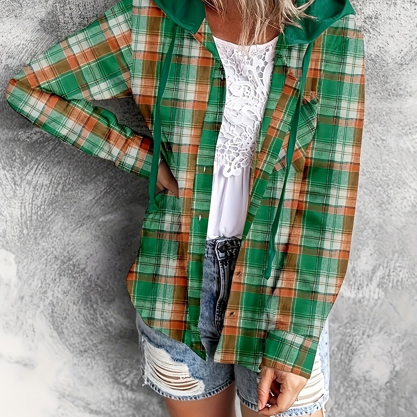 gbolsos Hooded Plaid Print Blouse, Casual Button Front Drawstring Long Sleeve Blouse, Women's Clothing