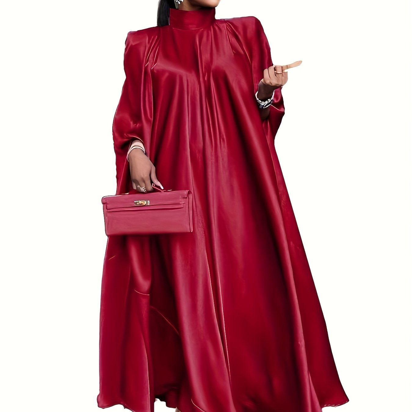 Plus Size Elegant Abaya Dress, Women's Plus Satin Bat Sleeve Mock Neck Maxi Muslim Caftan Dress
